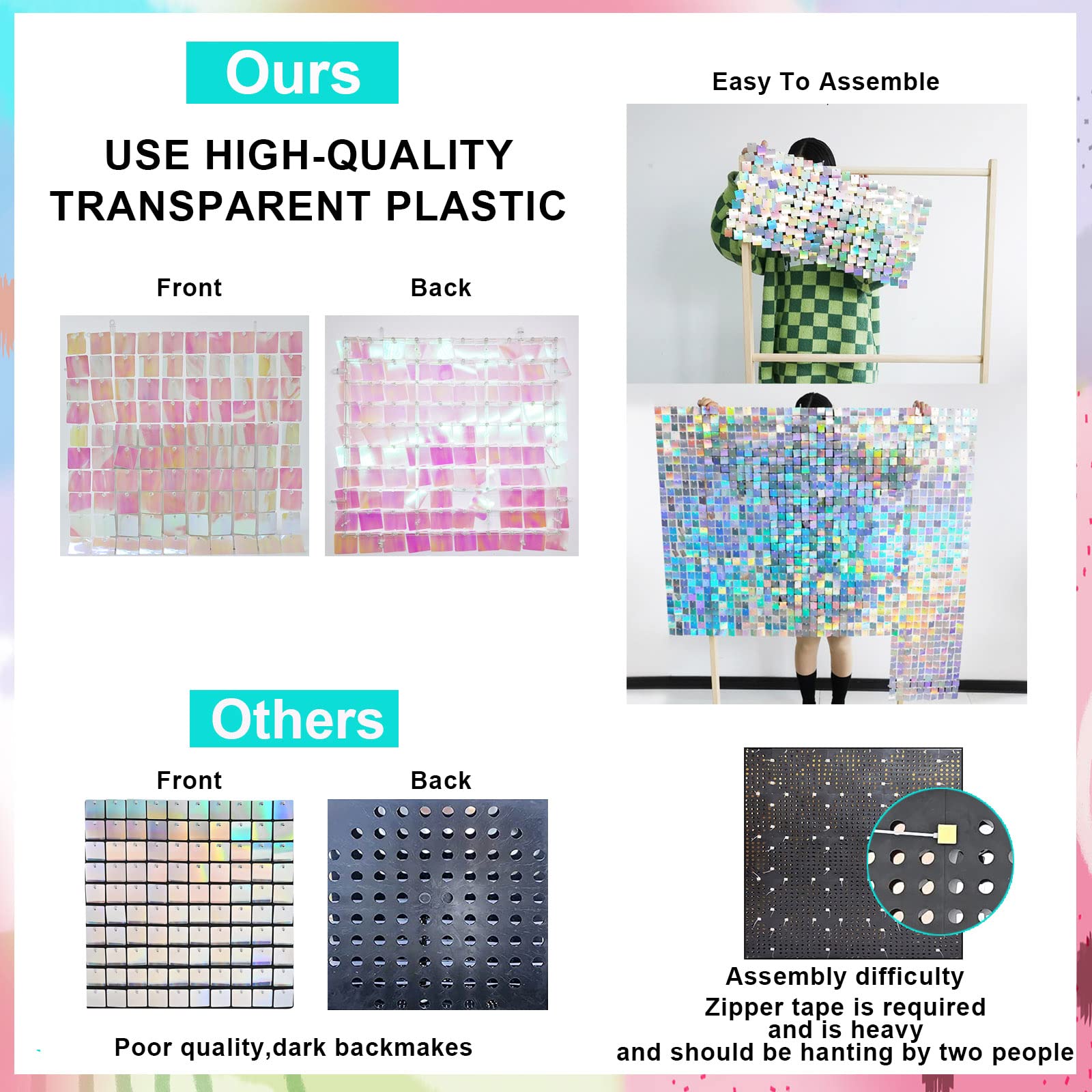 24 Pack Shimmer Wall Backdrop Party Decorations,Shimmer Wall Panels Sequins Wall Panels for Wedding, Anniversary, Birthday, Graduations,Engagement,and Bachelorette (Pink with Rainbow)