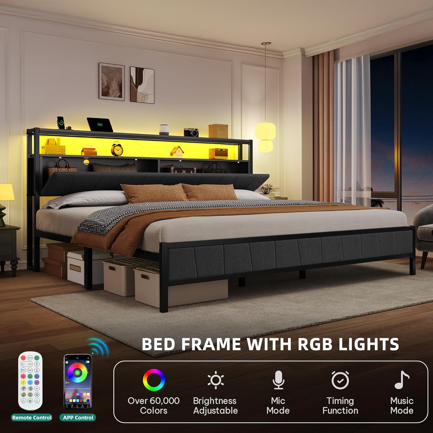 YITAHOME King Bed Frame with Storage Headboard, LED Upholstered Platform Bed with Charging Station, Metal Slats, No Box Spring Needed, Easy Assembly - Gray