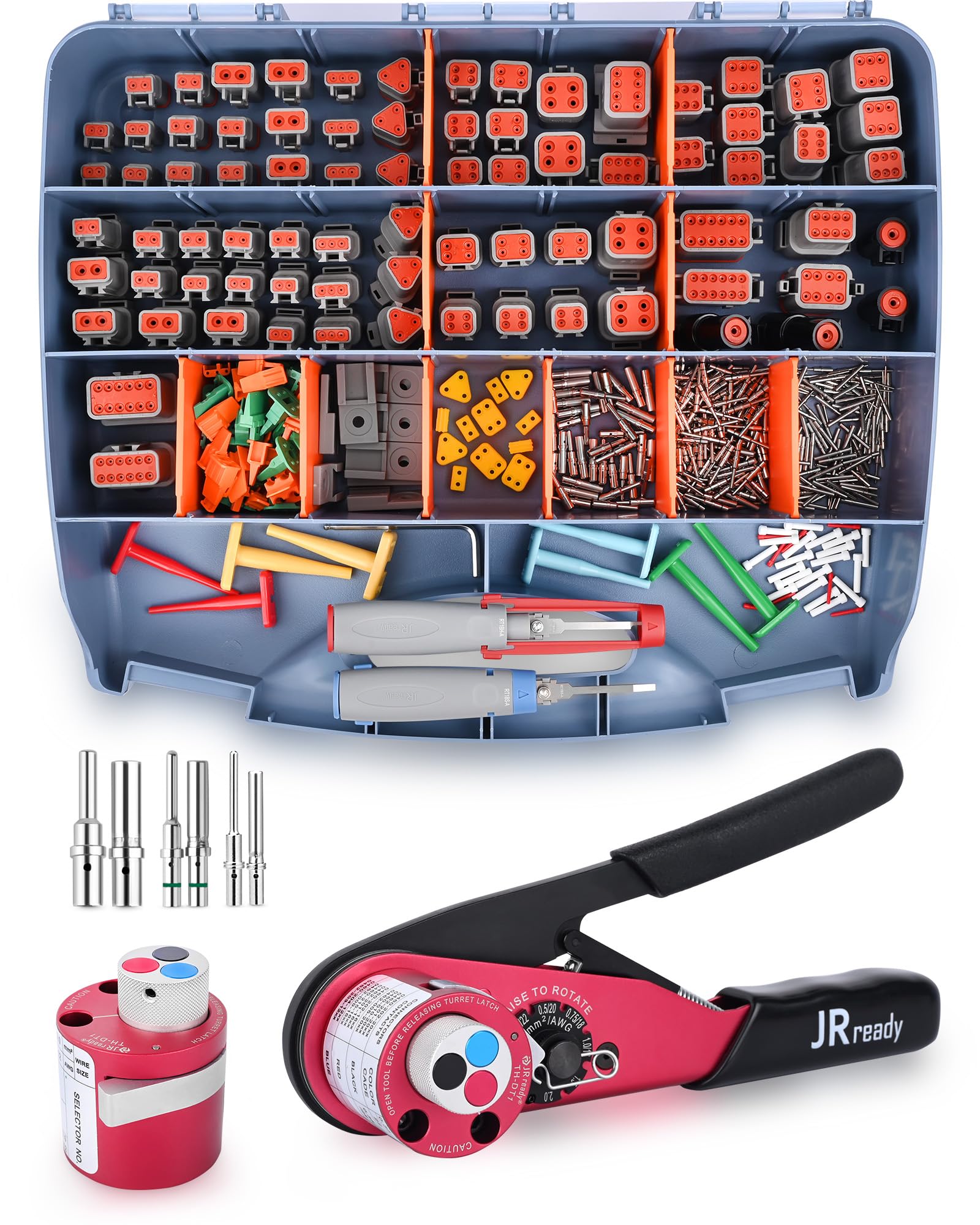 JRready DW4001 Deutsch Connector Kit with Crimper - DT, DTM, DTP, DTHD Series Connectors with Size 12 16 20 Solid Contacts, ACT-DT1 Deutsch Crimp Tool for Automotive, Industrial, Marine Wiring