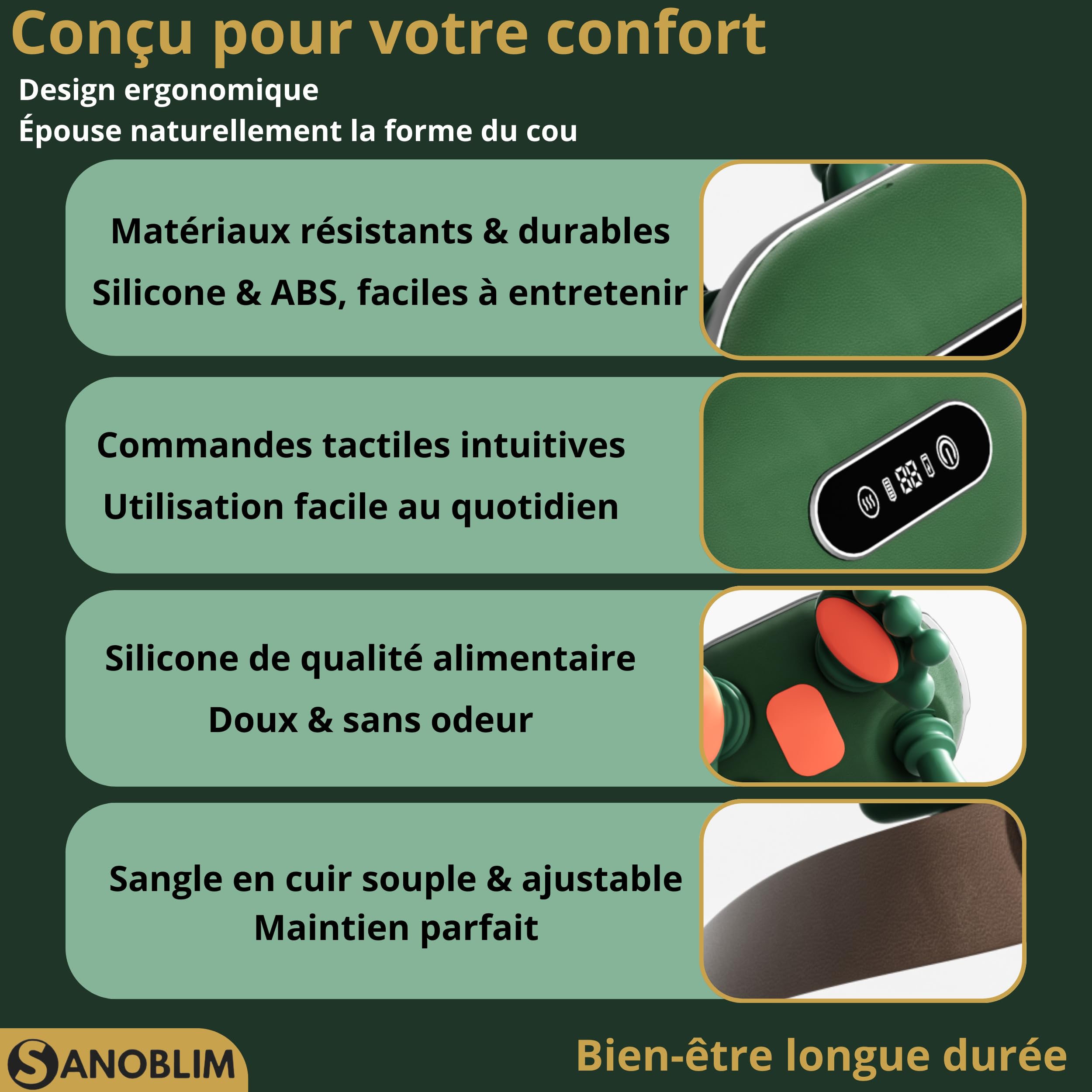 Masseur Cou et Cervicales Shiatsu 4D Électrique avec Chaleur (2 Réglages) – Main Bionique Massante Nuque,Dos et Épaules, 3 Intensités de Massage, Appareil de Relaxation Musculaire, Sans Fil,Vert
