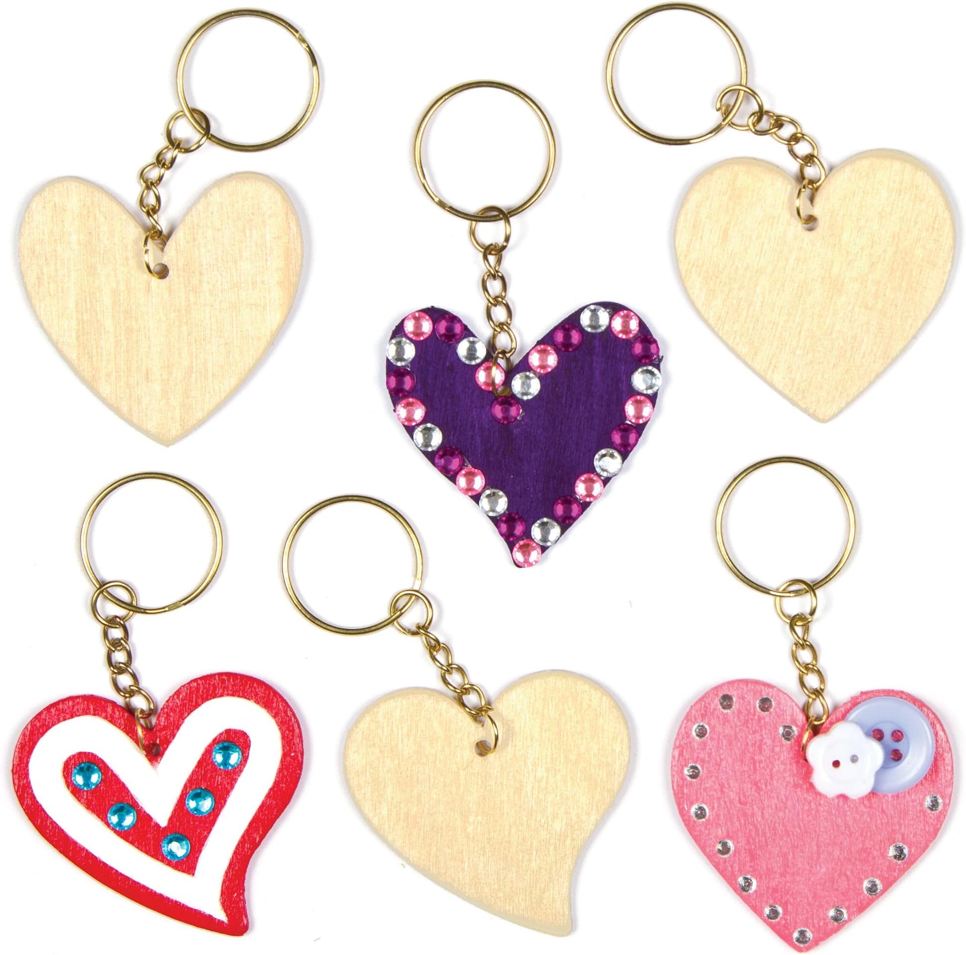 Baker Ross AF906 Heart Wooden Keyrings - Pack of 8, 48mm, Wooden Keyrings, Paintable, Keychains, Craft Kits