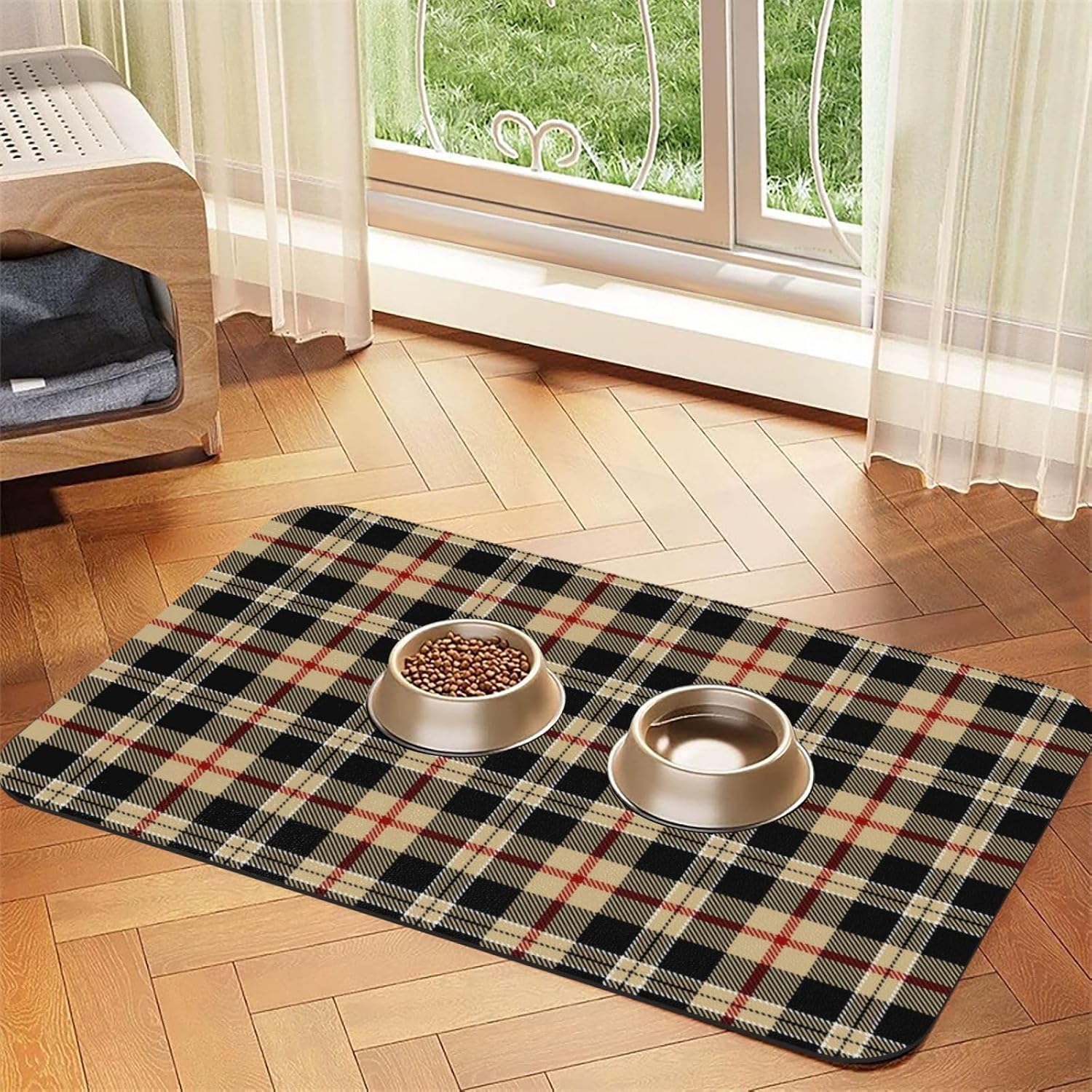 Tartan Plaid Leather Absorbent Pet Feeding Mat Non-Slip for Dogs Cats 40x60cm