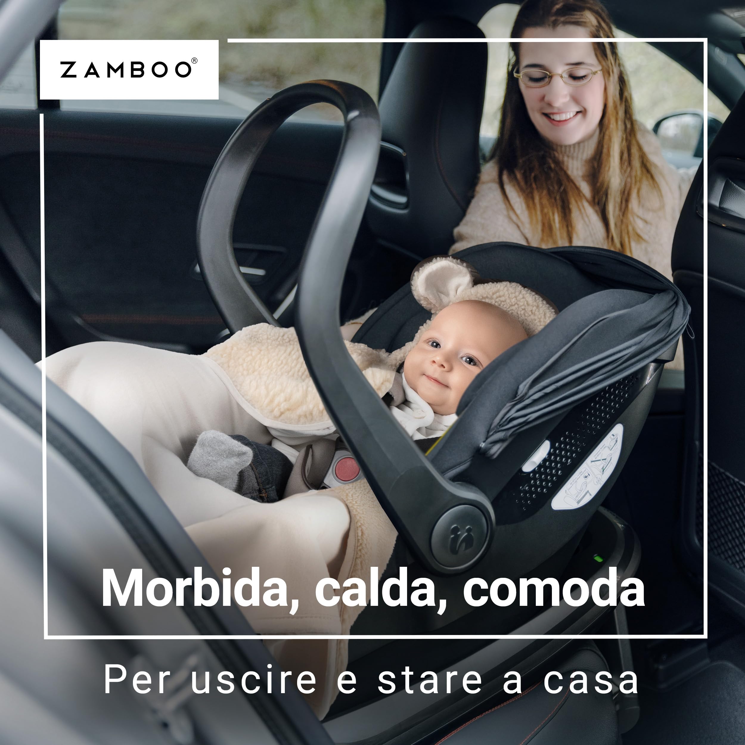 Zamboo Copertina Avvolgente - Morbida Copertina per Neonati con Cappuccio e Aperture per Cinture | Certificato OEKO-TEX, 80x80 cm - Copertina Ovetto, Seggiolini Auto, Passeggini e Carrozzine | Beige