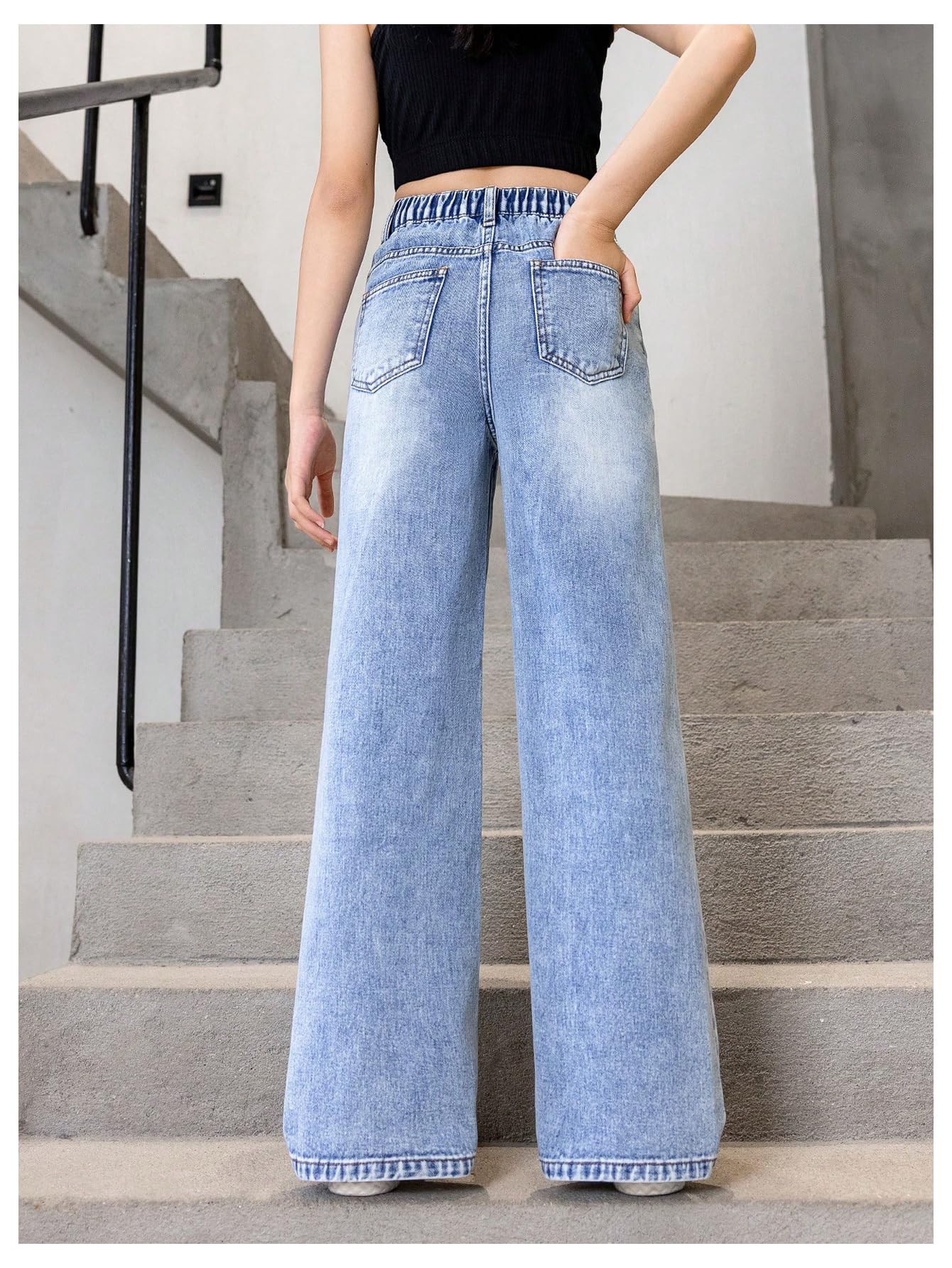 Floerns Pantalones de mezclilla elásticos de cintura alta para niña, rasgados, holgados, pierna ancha, desgastados