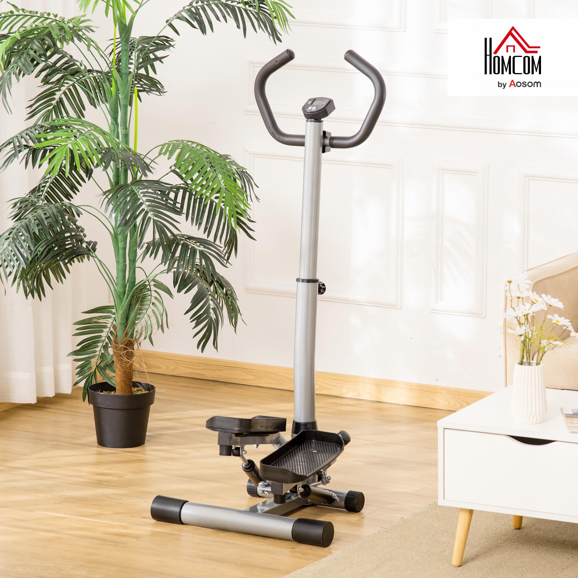 HOMCOM Stepper con Monitor LCD, Manubri Regolabili, Fitness Stepper in Acciaio e ABS, 55x53x118-128 cm