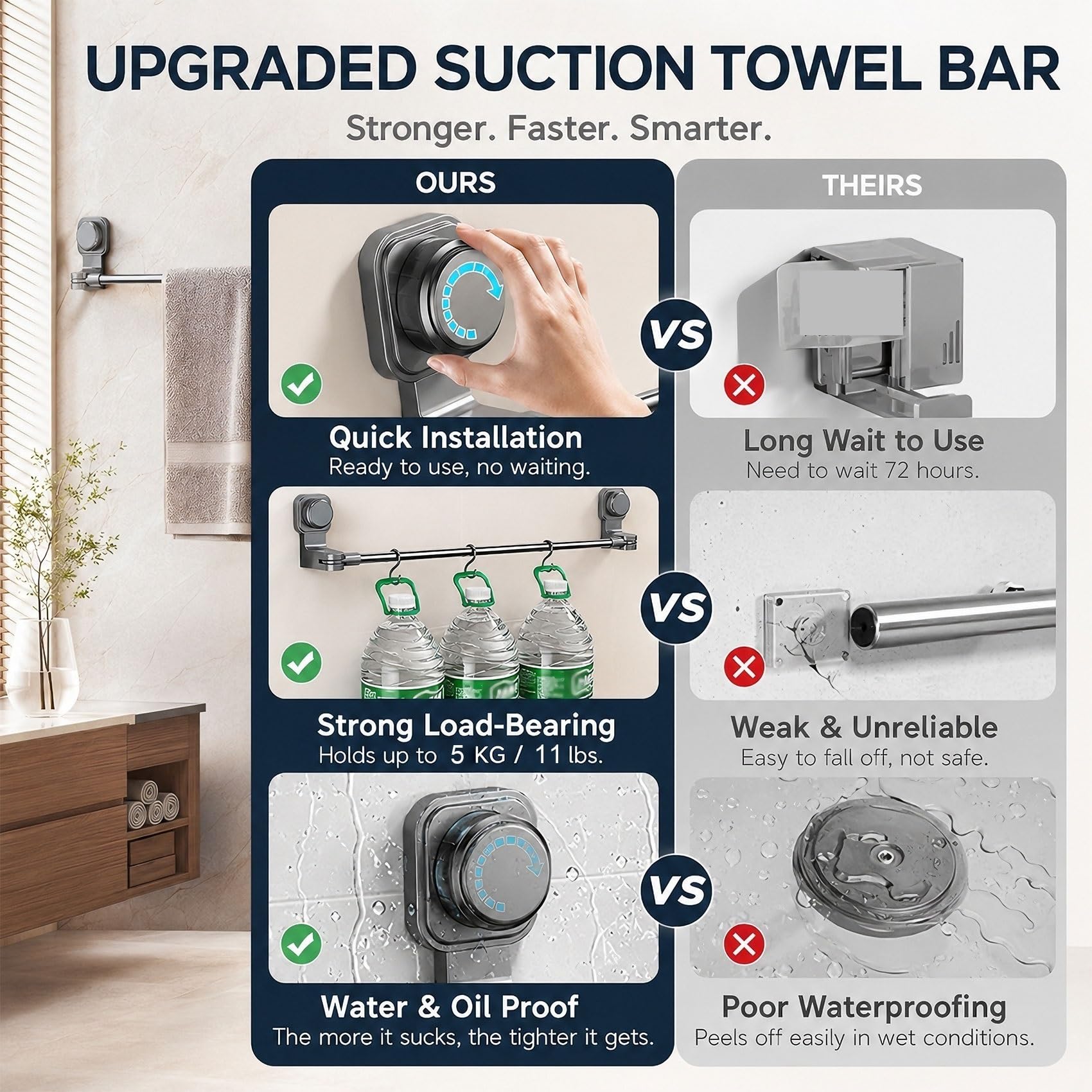 Toallero de Ventosa, Toallero sin Perforar Azulejos, Barra de Toalla Extensible Acero Inoxidable, Toallero Telescópico Ajustable Giratorio para Baño Cocina Ducha(Blanca,65-130cm)