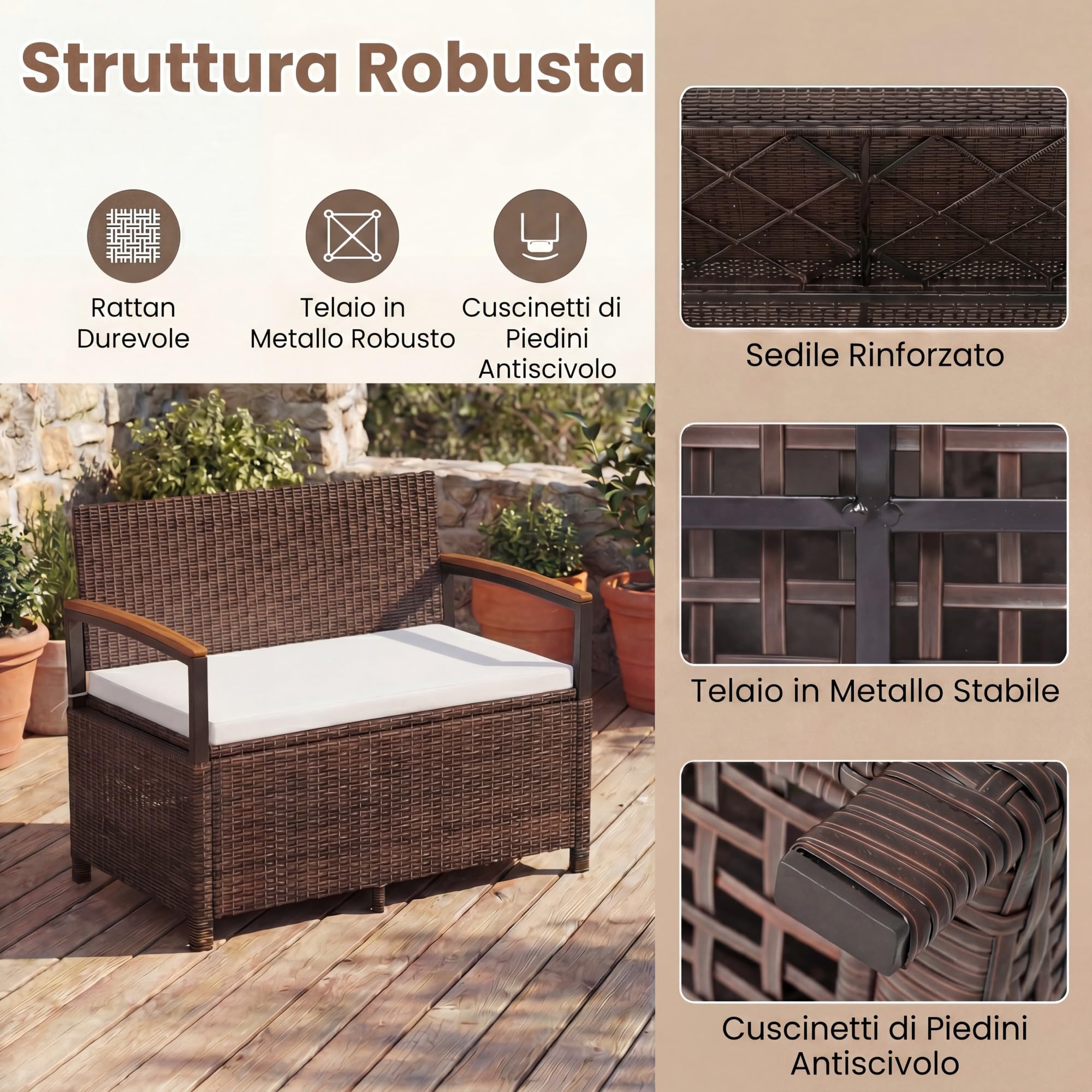 SOARS Panca da Giardino 2 Posti, Baule Contenitore Esterno 175 L in Vimini PE, con Cuscino Lavabile, Schienale e Braccioli in Legno di Acacia, Ammortizzatori a Gas, per Patio Balcone Piscina (Beige)