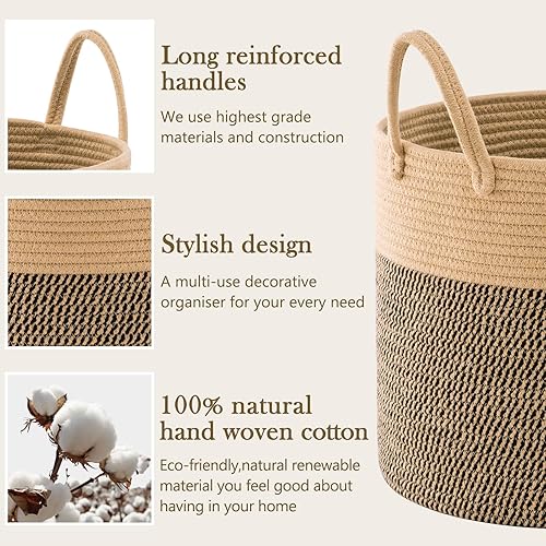 Miniatura 6 de YOUDENOVA Cesta de manta para sala de estar, cesta decorativa de cuerda de mimbre para mantas con asas, pequeña cesta de lavandería tejida redonda,