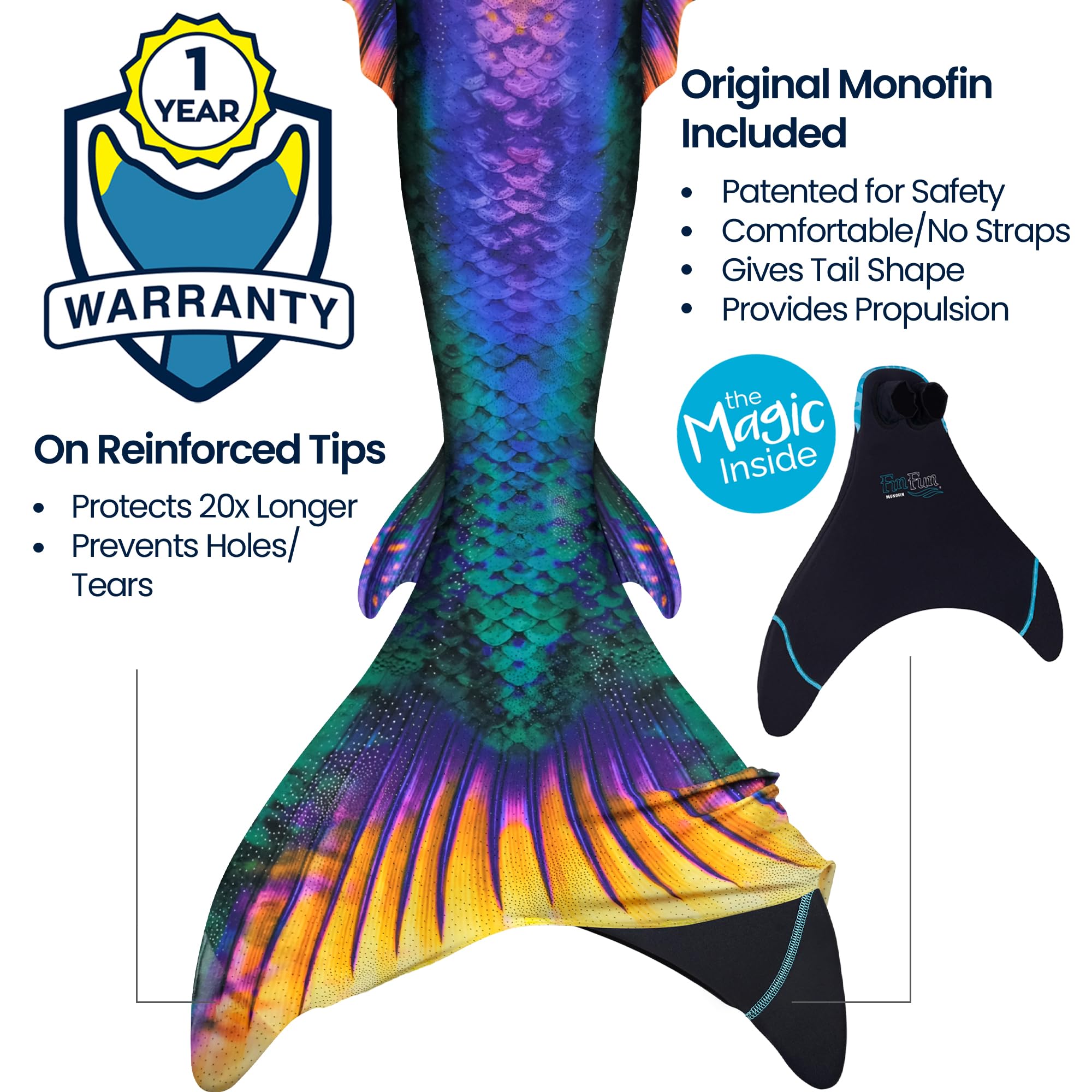 Fin Fun Atlantis - Mermaid Tail w/ Reinforced Tips & Monofin | 3D Side & Back Fins - for Women, Teen and Adults - (Riptide, Adult M)