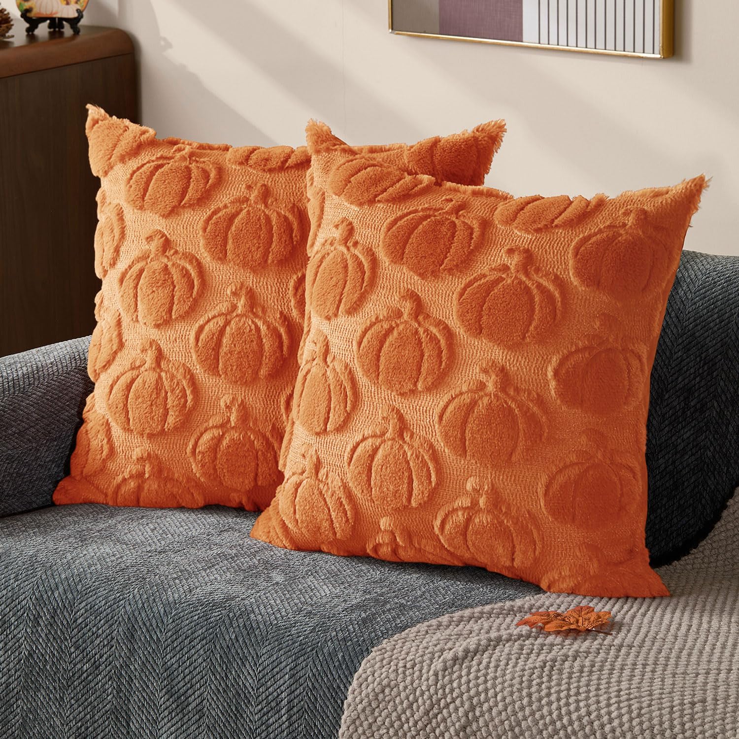 DFXSZ Fall Pillow Covers 20x20 Set of 2 Fall Decorations Autumn Orange Pumpkin Throw Pillow Cases Soft Plush Faux Fur Wool Couch Cushion Case for Chair Sofa Living Room Home Decor PTK045C20