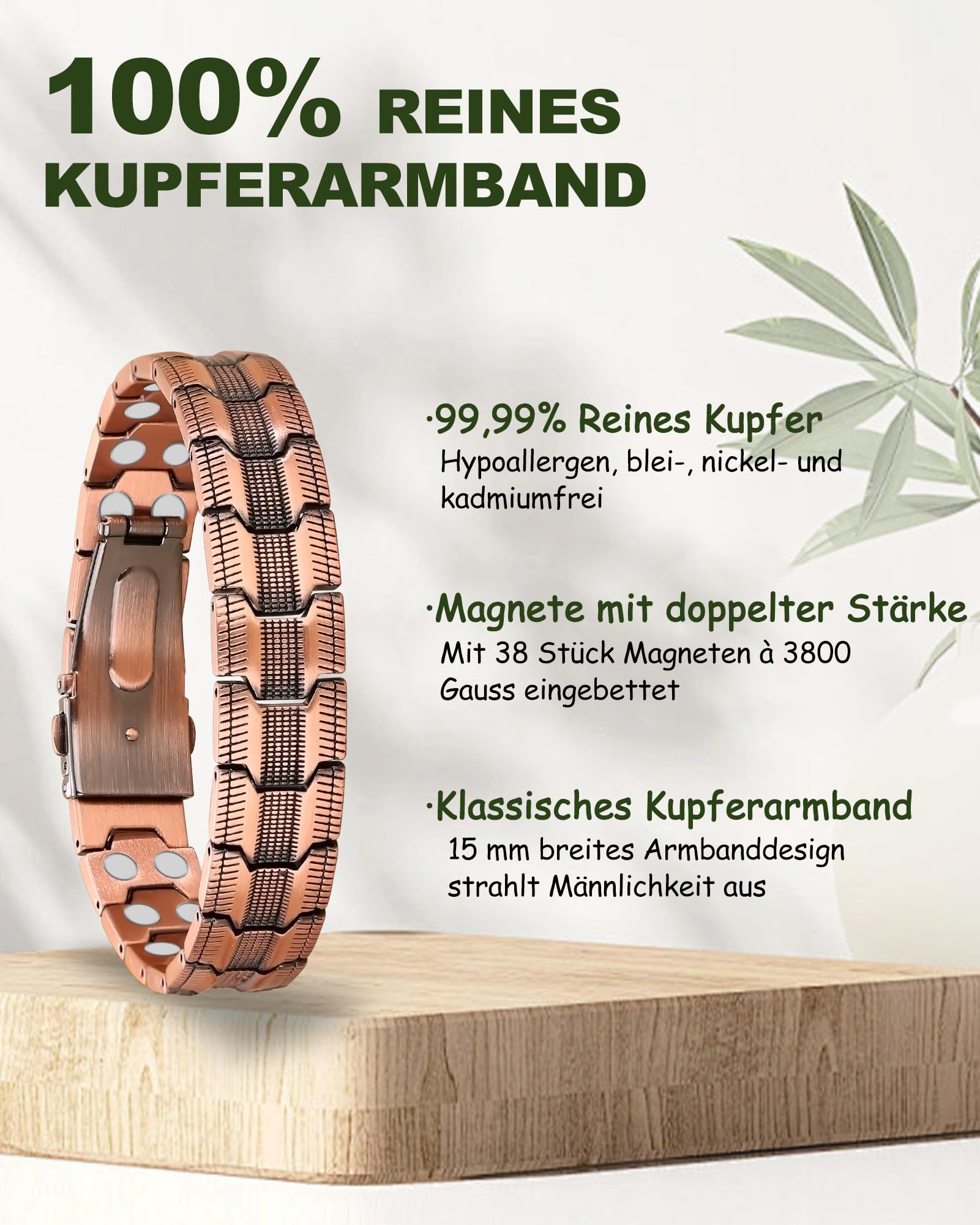 MagEnergy Kupferarmband für Männer, 99,99% reines Kupfer, doppelt starke Magnete, Magnetarmband mit Schmetterlingsverschluss, längenverstellbar inkl. Größenanpassungswerkzeug (Kupfer)