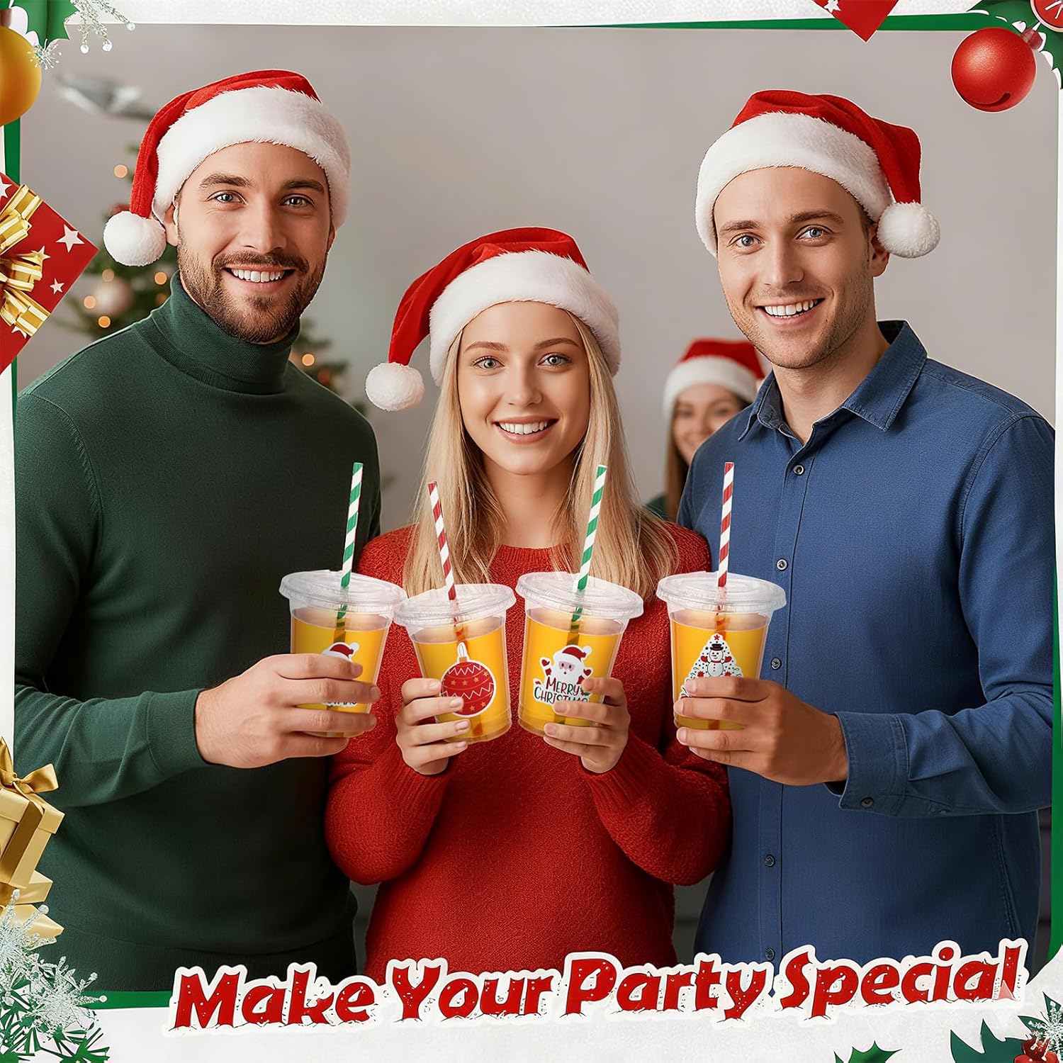 Sieral 36 Pcs 12 oz Christmas Disposable Plastic Cups with Lids Straws and Stickers DIY Holiday Clear Cups Party Supplies for Beer Snacks Coffee Xmas Celebrations - Image 7
