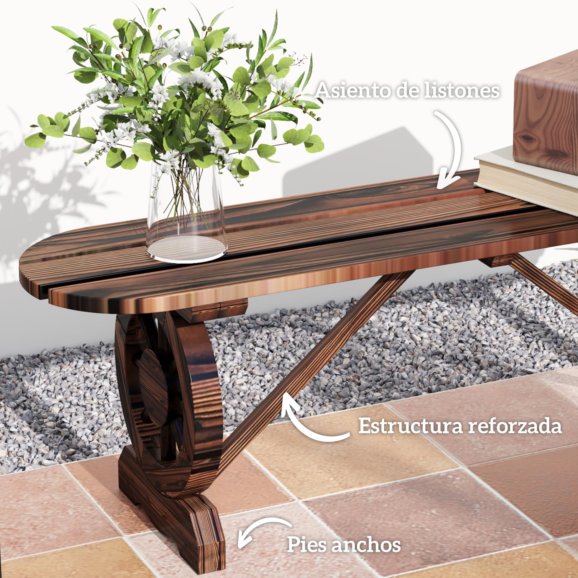 Outsunny Banco de Jardín de 2 Plazas 2 Ruedas 120x29x39 cm Carbonizado