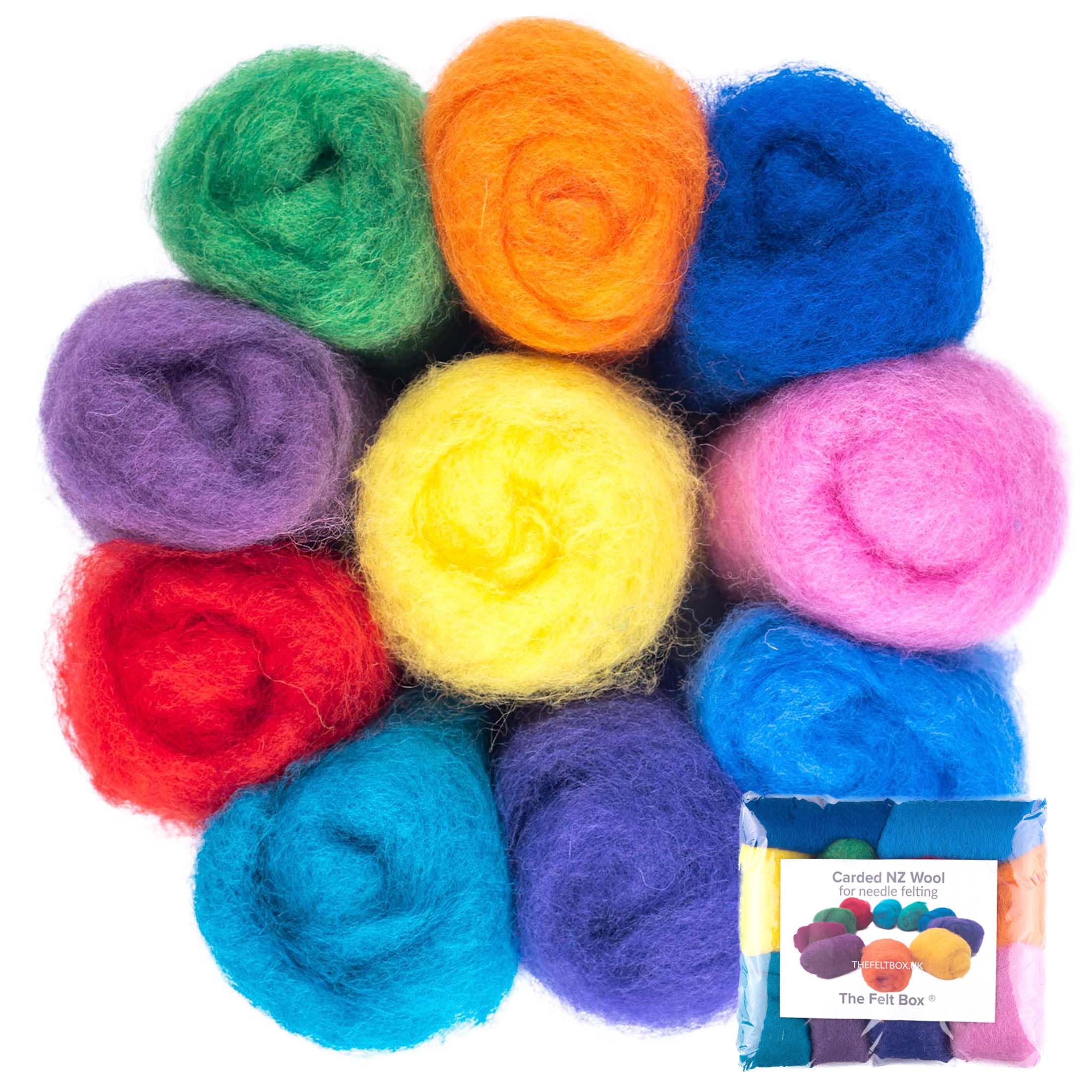 The Felt Box Bright Rolls Needle Felting Wool – Bright Shades Pack 100G (3.5Oz) Carded Batts | Short Coarser Fibres For Needle & Wet Felting, Core Wool & Finishing Wool