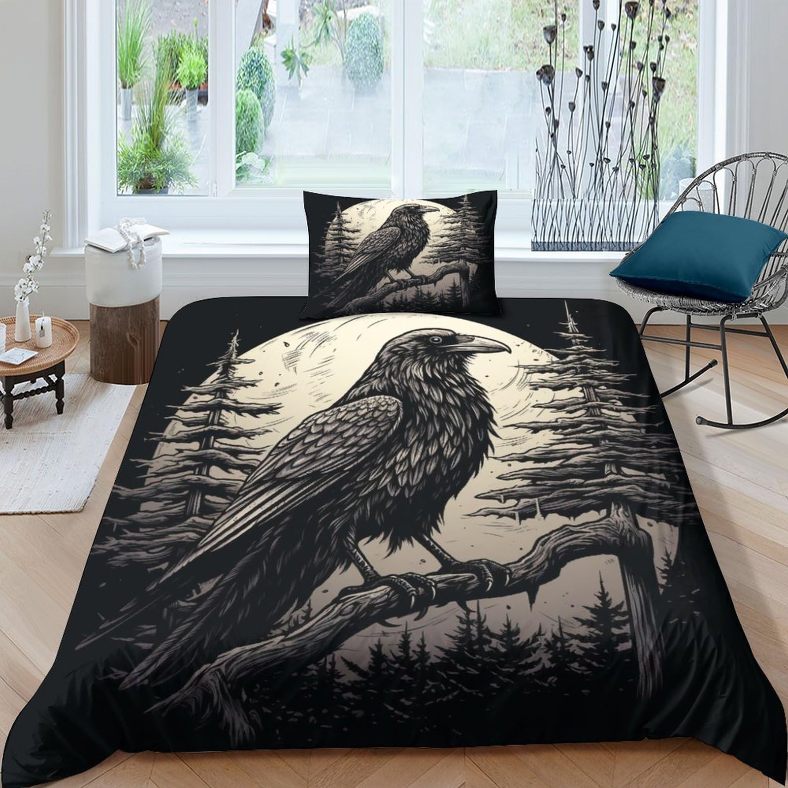 GEEYOU Raven Comfortable Bedding Set Hidden Zipper Crows Duvet Cover Set with Pillowcases Comforter Cover Soft Microfiber Quilt Cover Set Various Sizes Single（135x200cm）
