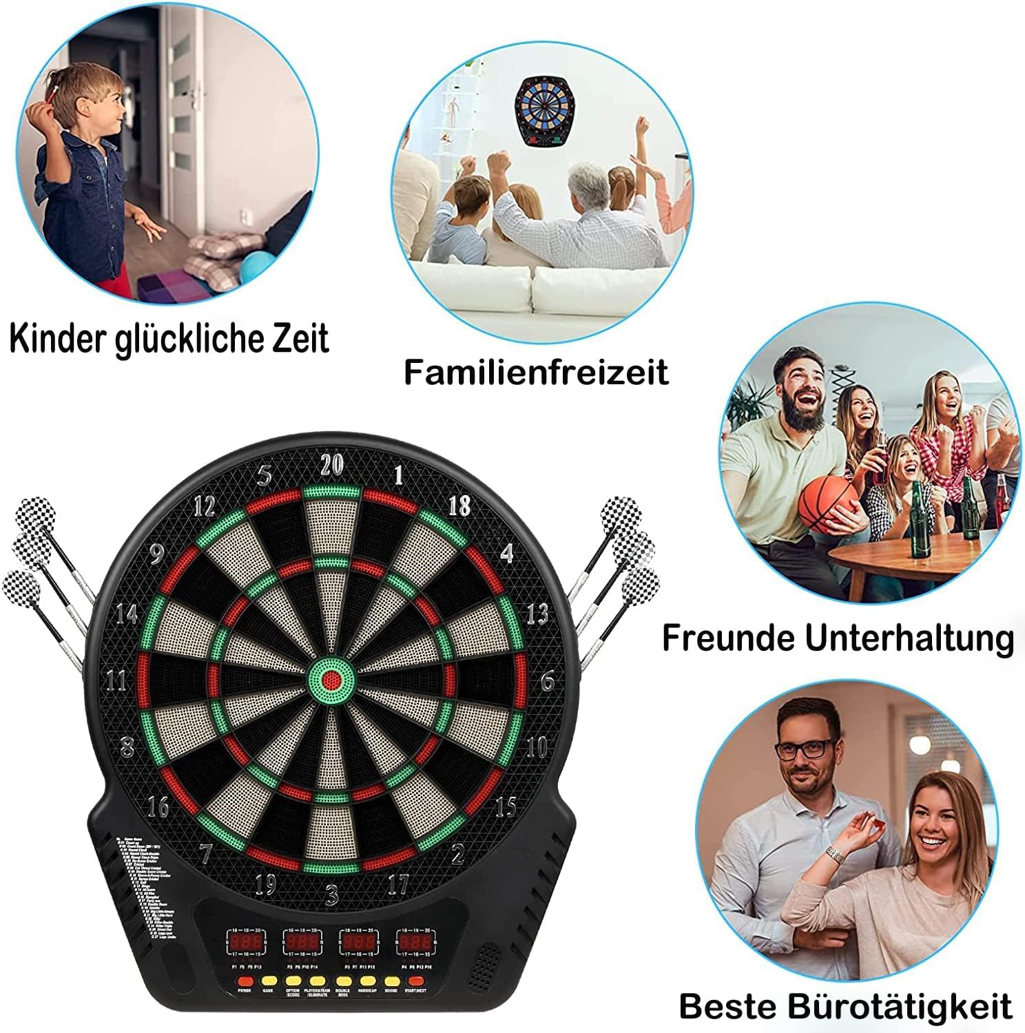 Elektronische Dartscheibe für 1-16 Spieler, E-Dartboards Dartautomat mit 4 LCD-Anzeige und 6 Darts und 24 Pfeilkopf 27 Spiele mit 243 Spieloptionen Profi Elektronik Dartspiel