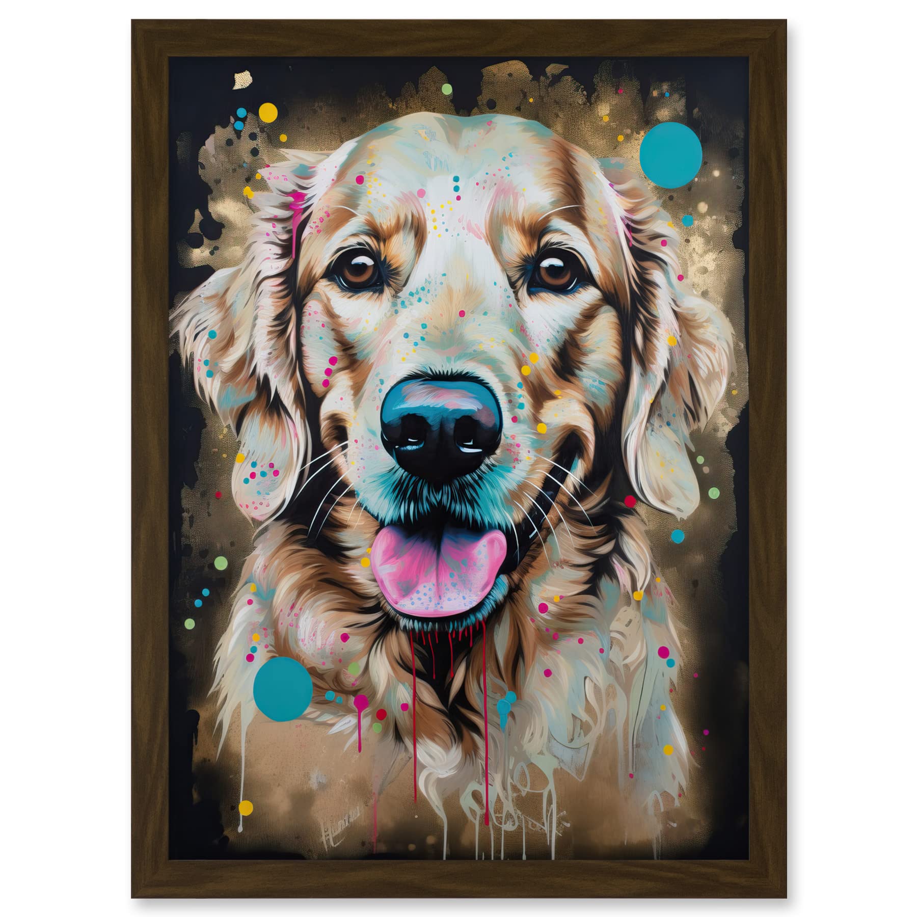 Artery8 Happy Smiling Golden Retriever Dog Portrait Artwork Framed A3 Wall Art Print