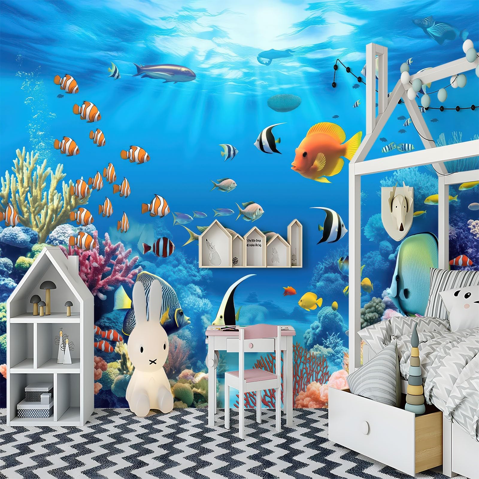 Vlies Fototapete 300 x 210 cm - FotoTapete Schlafzimmer Wohnzimmer Moderne Vliestapete Wandtapete Motivtapeten Bildtapete 3d Effekt Wand Dekoration - Blau Ästhetische 3D Unterwasserwelt Fische