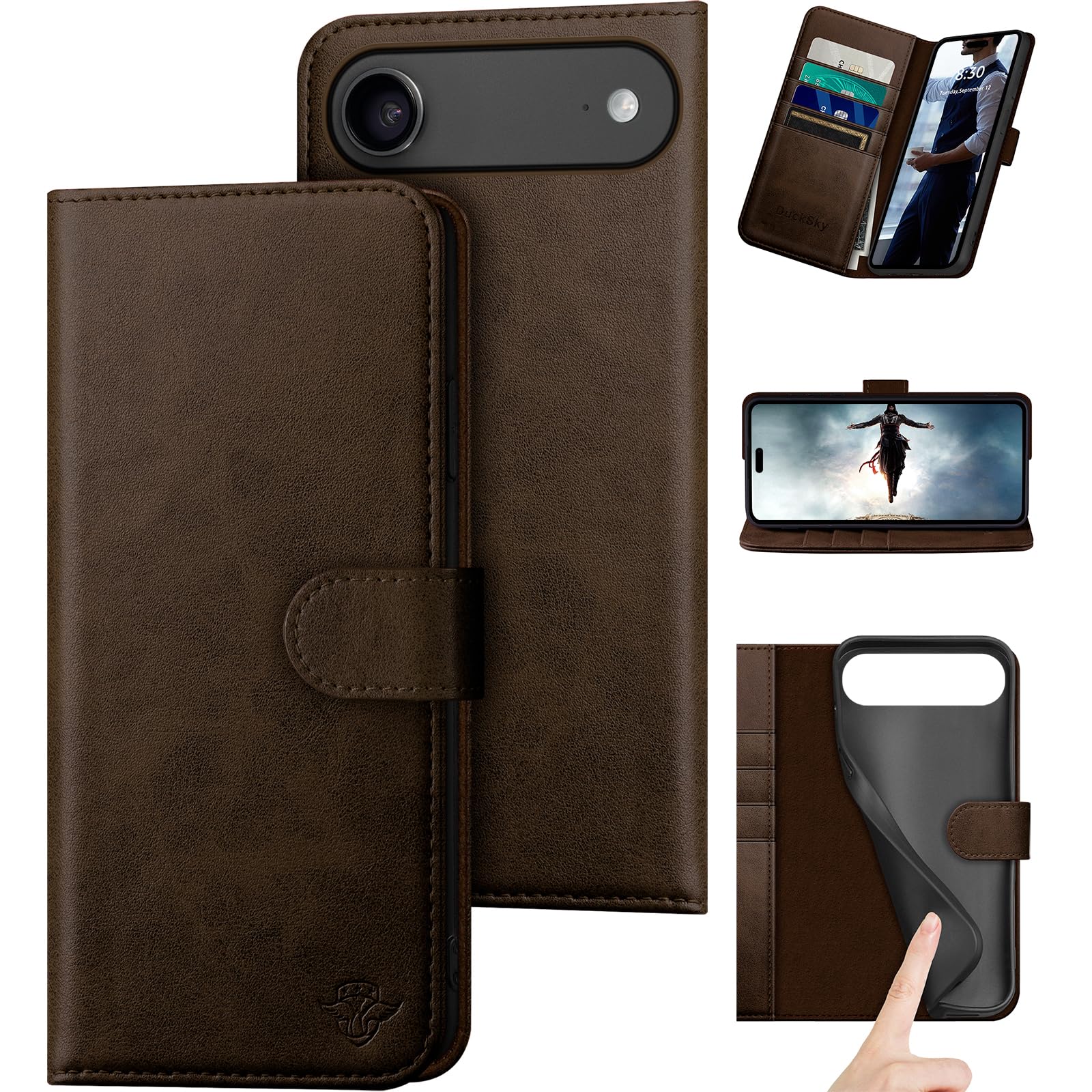 Photo 1 of DuckSky Compatible with iPhone Air 6.5" Genuine Leather Wallet case?RFID Blocking??4 Credit Card Holder??Real Leather? Flip Phone case Cover Women Men for Apple iPhone 17 Air case Brown