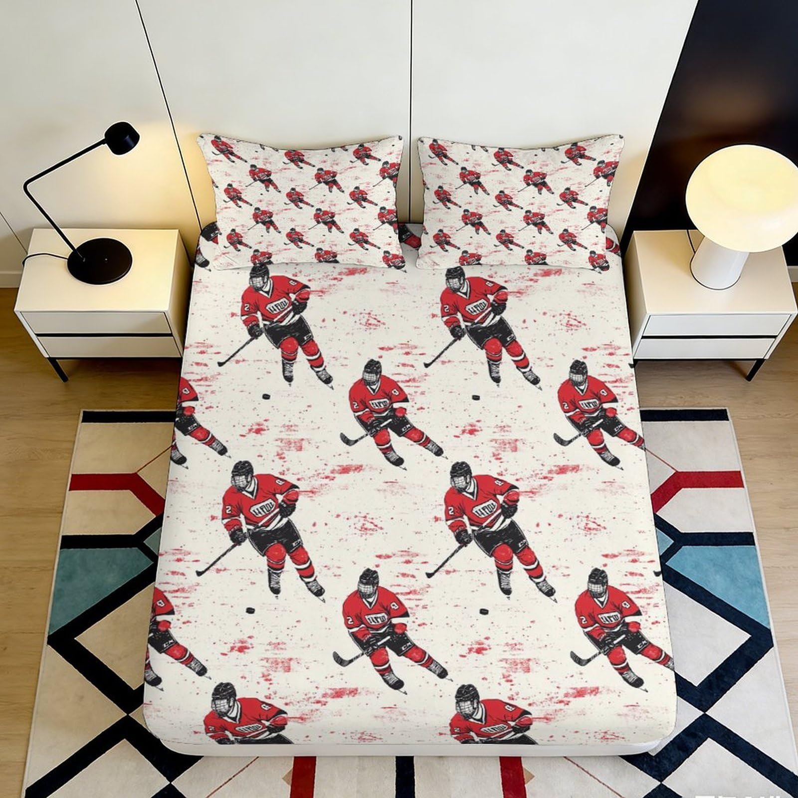 Pnayamiorkfel Style-4 3D Printed Hockey Player Fitted Sheet Microfiber Soft Red Sports Bed Cover For Bedroom Guest Room Dorm Mattress Decor 90X200x25cm