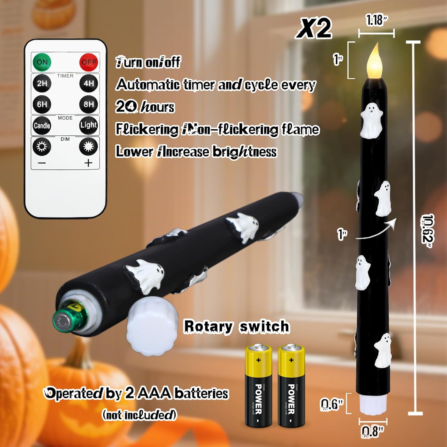 Impress Life Halloween Flameless Taper Candles with Remote Battery Operate Black Wax LED Flickering Candlesticks with Carved White Ghosts for Halloween Spooky Horror Decor, Set of 2