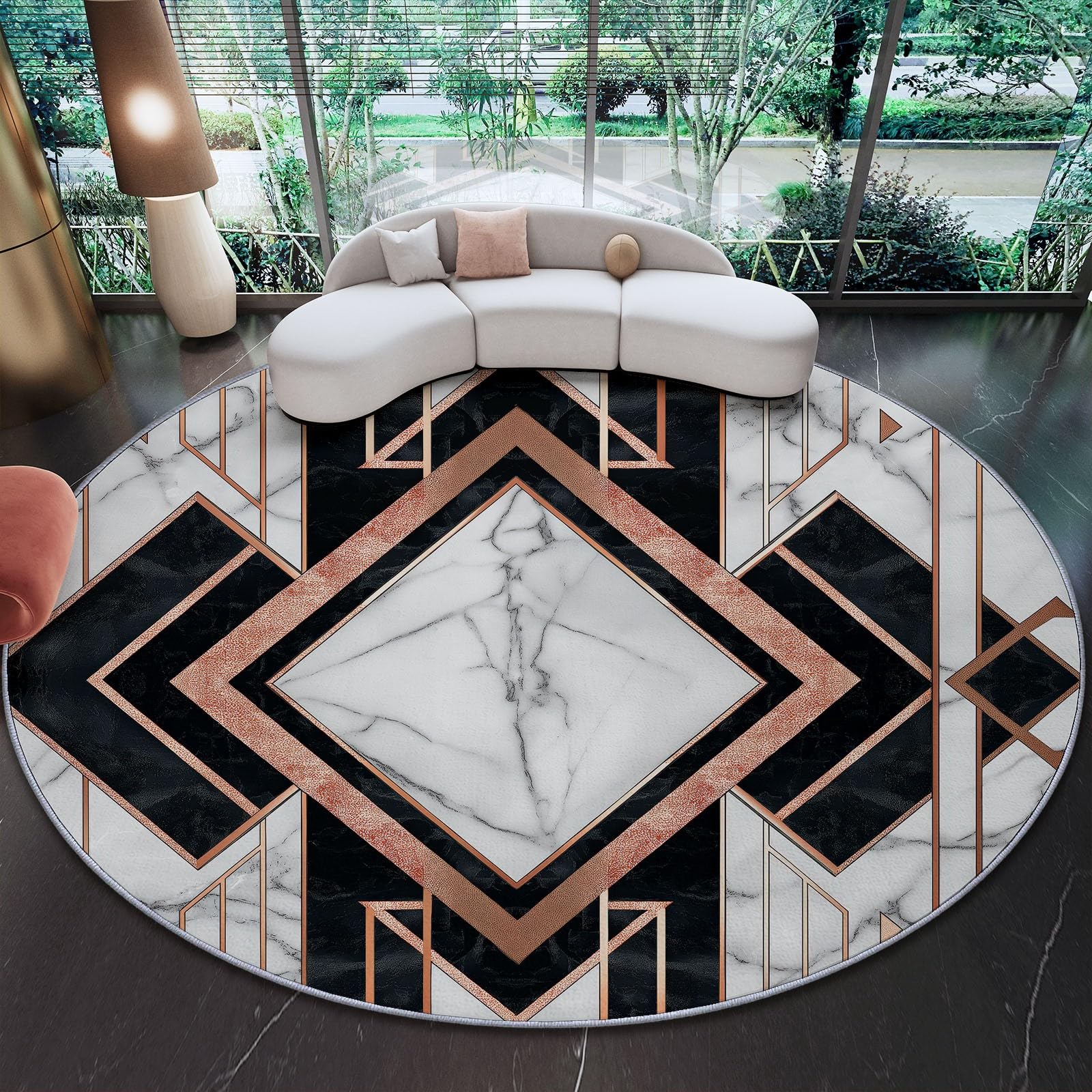 Teppich Rund 100 cm Waschbar rutschfest Teppiche Wohnzimmer, Modern Geometrisch Luxuriös Marmormuster Teppiche Kurzflor Mehrfarbig Weich Runder Teppich for Schlafzimmer Studie Büro