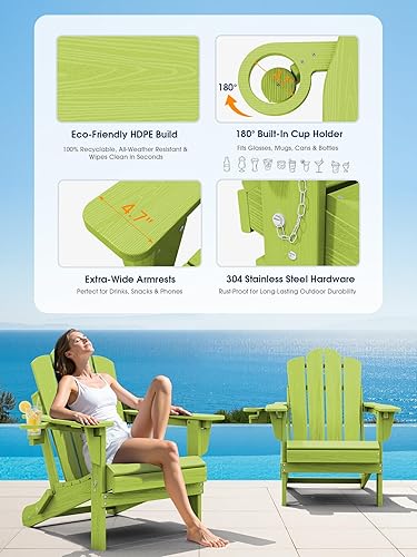 Miniatura 5 de KINGYES Juego de 2 sillas Adirondack plegables ajustables, sillas Adirondack reclinables de 3 posiciones con soporte para tazas, polietileno de alta