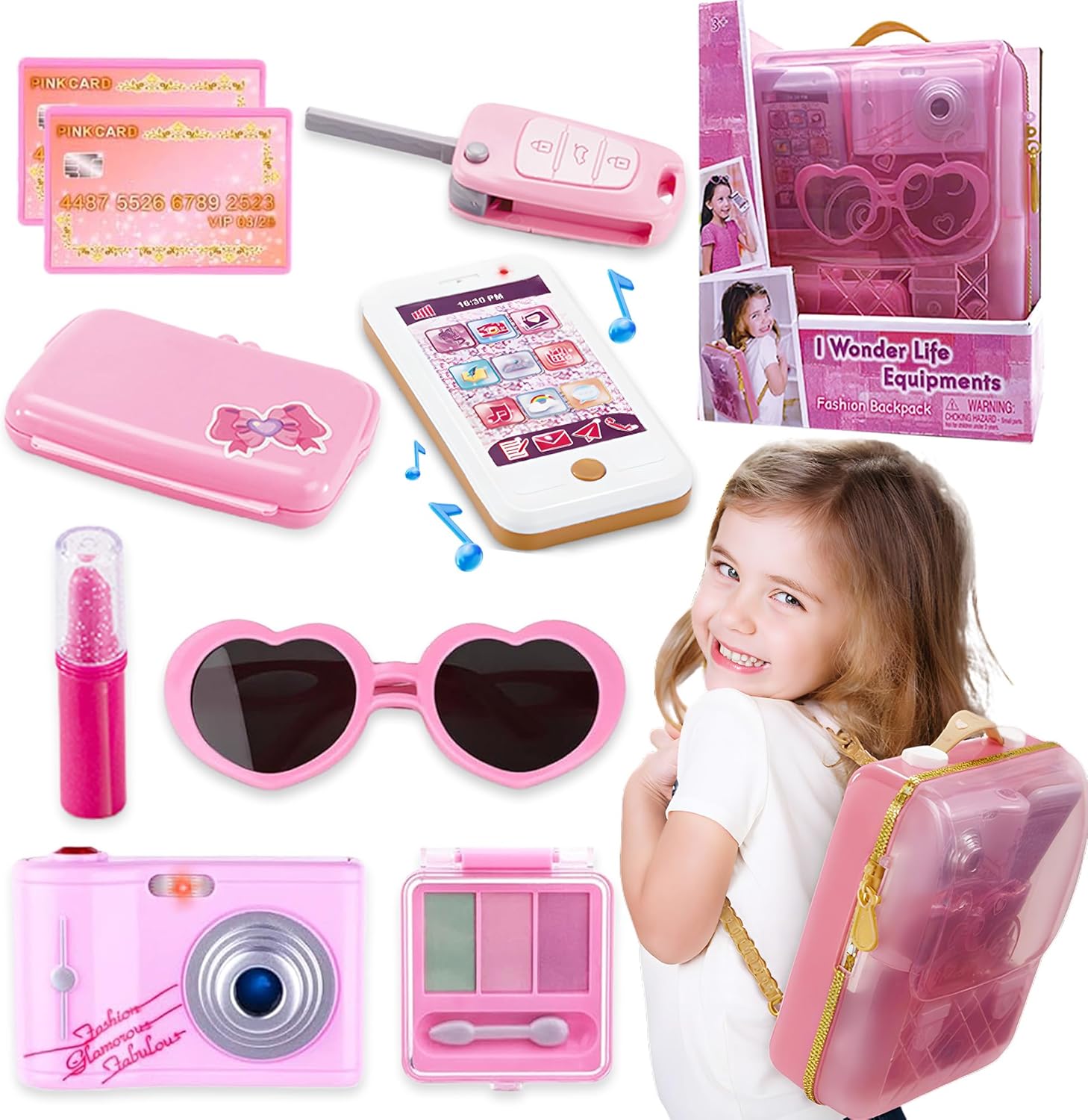 toy choi's little girls' princess pretend play set - pink backpack with makeup kit, play phone & camera, fashion play purse for little girls ages 3-6 years