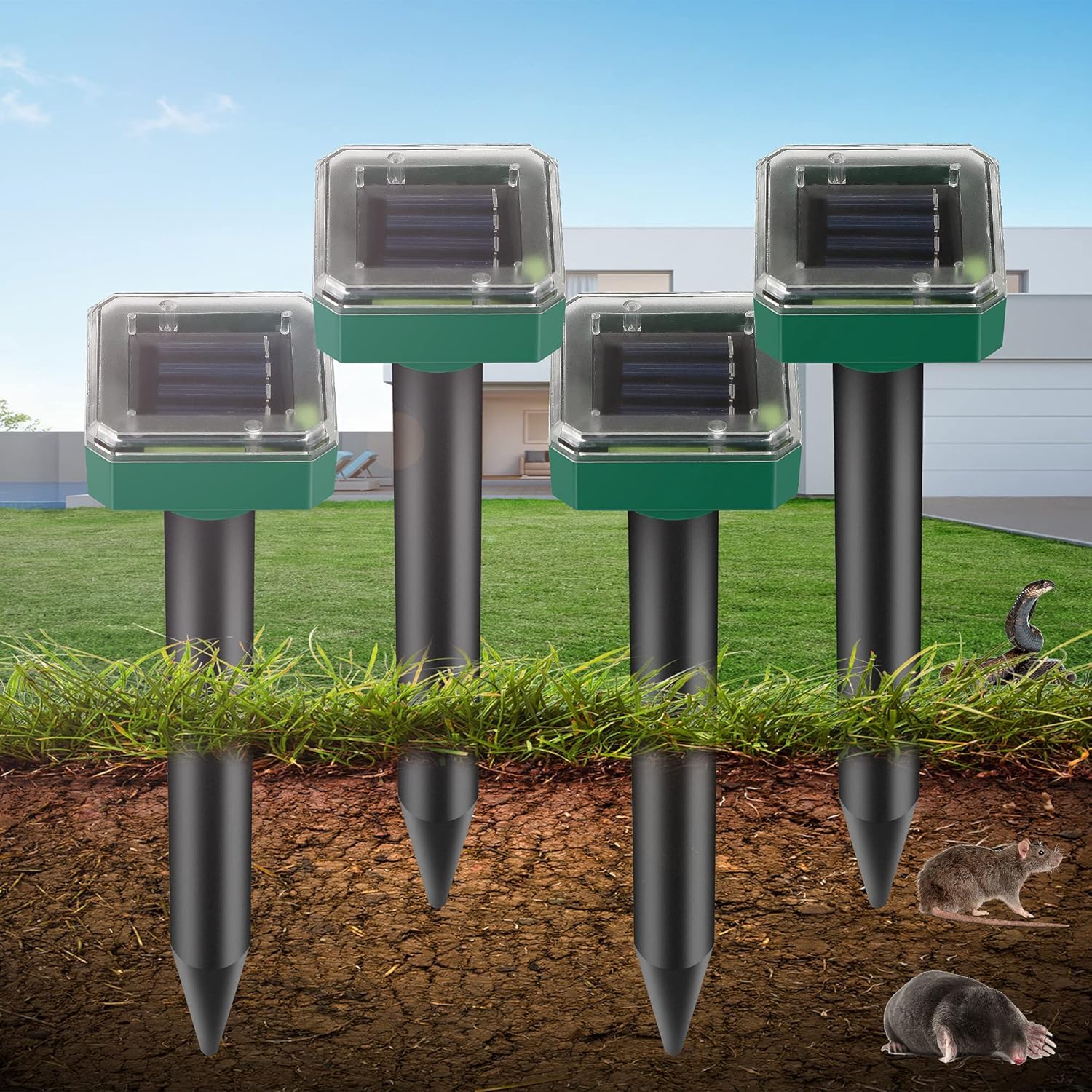4 unidades de repelente solar para topos, ahuyentador solar ultrasónico para topos, control de topos, repelente de ratas de campo, repelente de topos, control de plagas con IP65 para césped y jardín