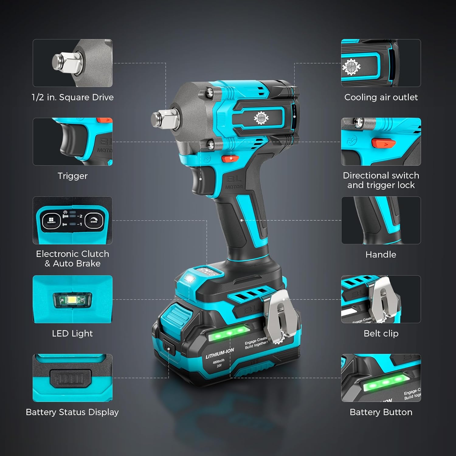 1/2" Cordless Impact Wrench Kit, 630N.m (465Ft.lb) Brushless Impact Gun with 4.0Ah Battery and Fast Charger, 3-Mode Speed, 2500RPM 20V Power Impact Driver Electric Impact Wrench with LED Light for Car