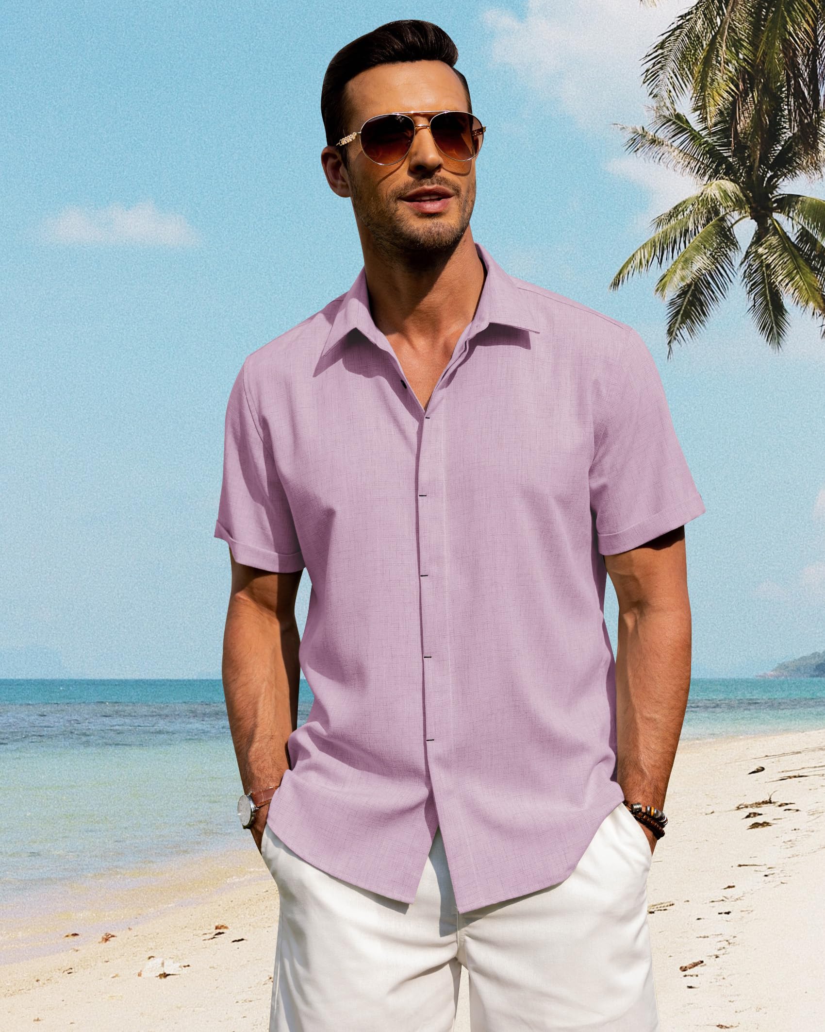 J.VER Chemise en lin décontractée à manches courtes boutonnée pour homme - Pour la plage, l'été, les vacances, les mariages - Hauts en coton