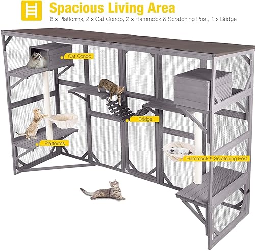Miniatura 4 de Aivituvin Catio - Ventana de recinto para gatos al aire libre, gran corralito para gatos montado en la pared con postes para rascar, cesta,