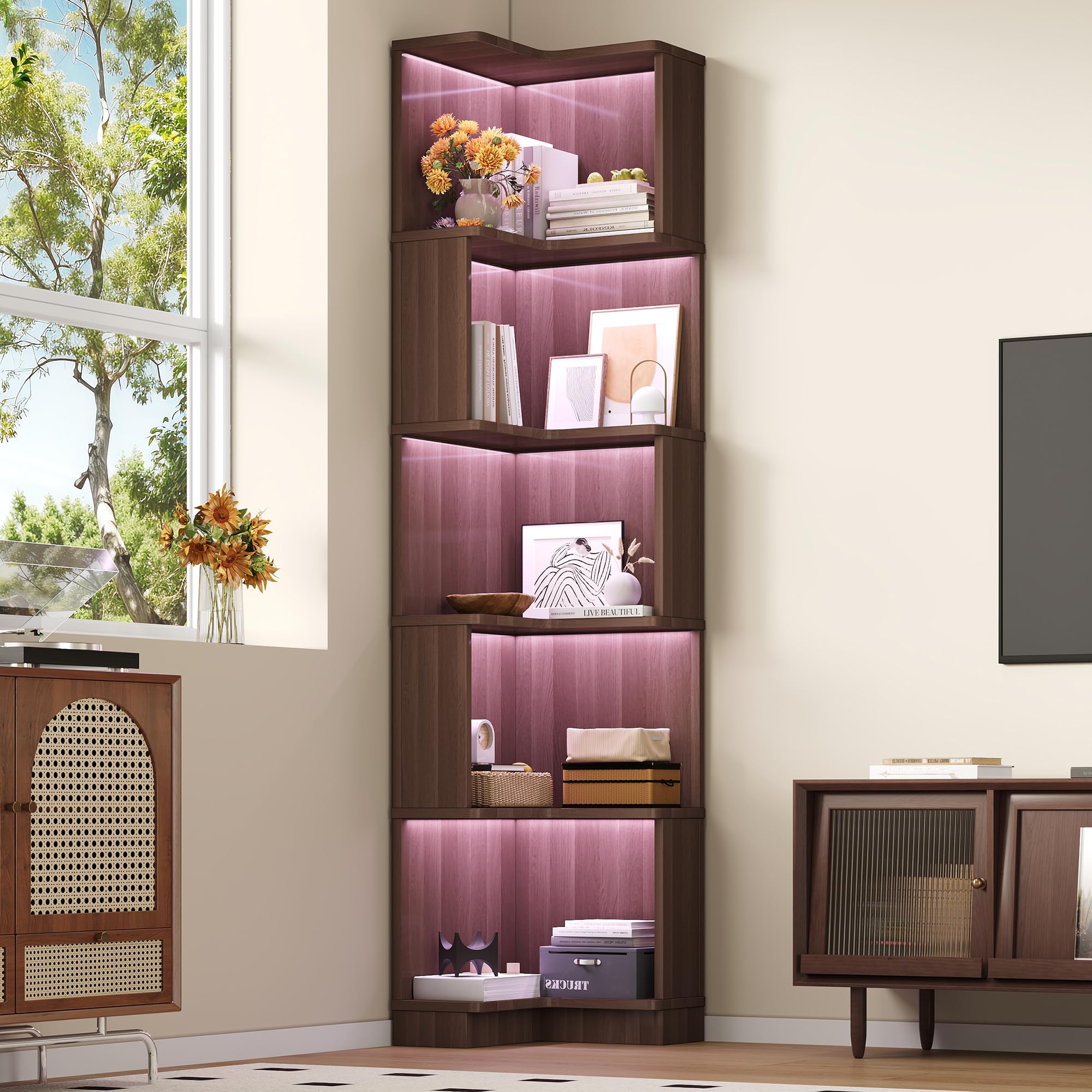 BTM Eckbücherregal mit LED-Lichtleiste Eckregal Holz Stehend Wohnzimmer Bücherregal Schmal, Braun 63.5 x 45 x 175cm
