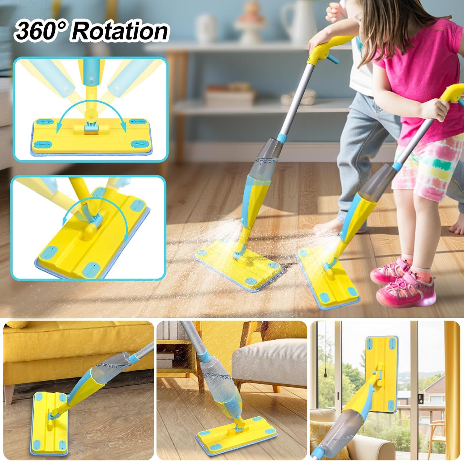 Spray Mop Kids Montessori Love Toy Set with Real Water Sprayer 3PCS Washable pads Squeeze Working Mini Size Kids Spray Mops Cleaning Toy Set That Really Work for Toddler 3-8 Floor Cleaning Dust