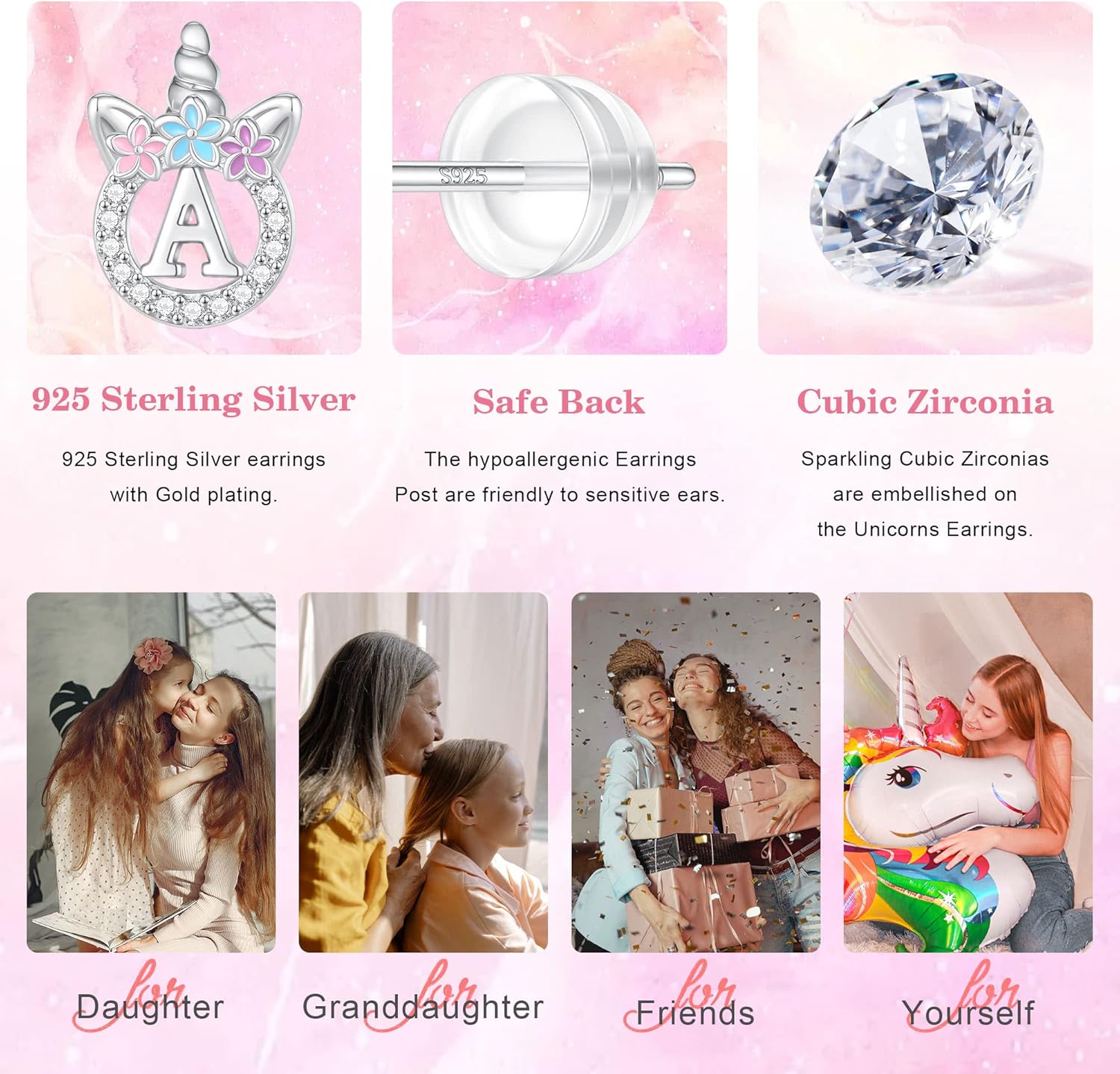 925 Sterling Silver Unicorn Earrings, 14K Gold/Rose Gold/Silver/Unicorn Earrings for Girls Kids Toddler Little Girls Hypoallergenic Letter Initial Earrings for Girls Christmas Gifts - Image 6