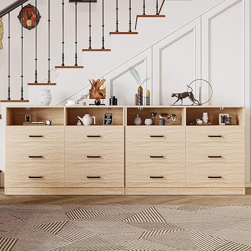 Miniatura 8 de Bigbiglife Cómoda de madera para dormitorio, cómoda de 6 cajones con almacenamiento semiabierto, doble cómoda para sala de estar, entrada, roble