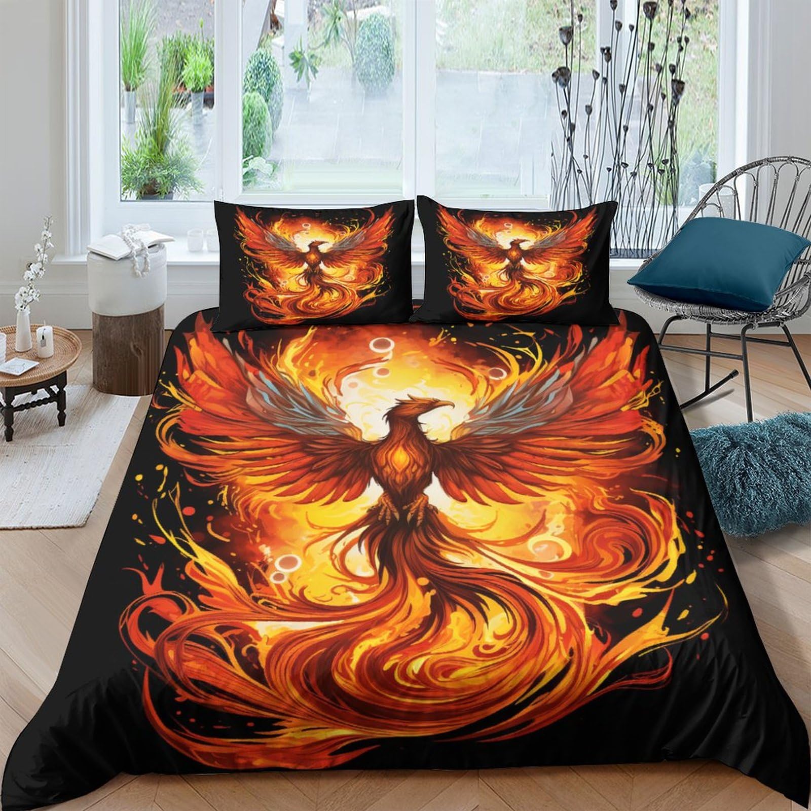 Housse de couette Flamme Phénix parure lit 3 pièces motif relief 3D