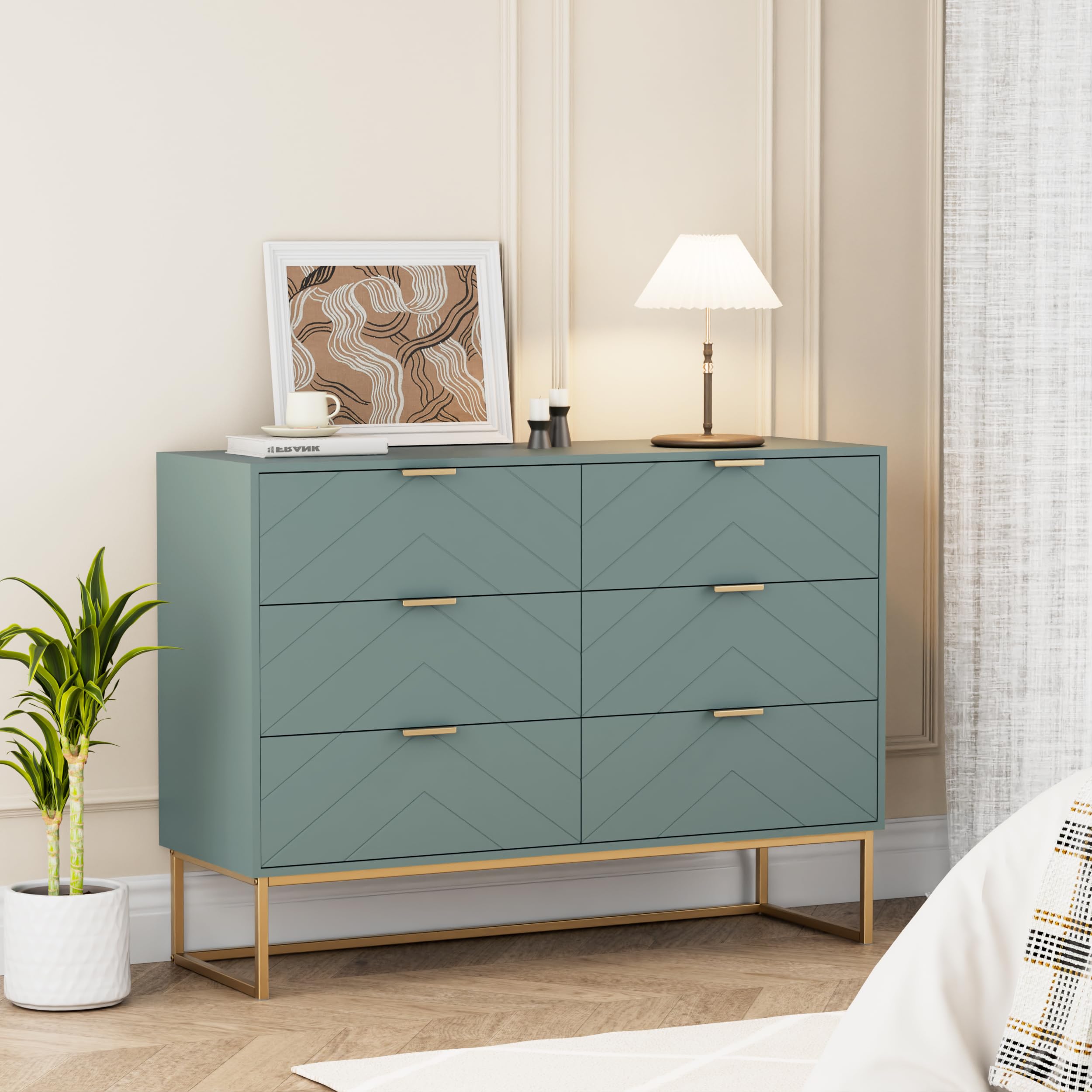 UEV Cómoda para Dormitorio, Cómoda con 6 Cajones y Patrón de Líneas, Armario Moderno y Práctico, Diseño Seguro Antivuelco, 100x34x73.5cm, Verde