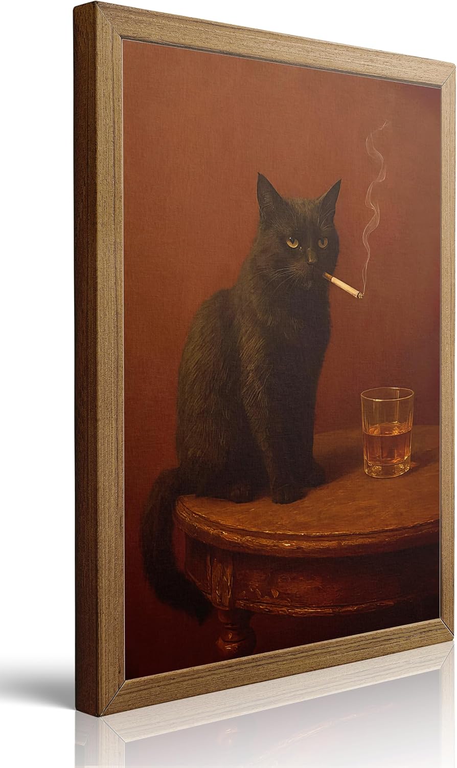 MAQCM Framed Funny Black Cat Wall Art, Vintage Moody Cat Pictures Wall Decor, Humor Cool Animal Paintings Canvas Prints for Living Room Bedroom Bathroom 10x8 inch
