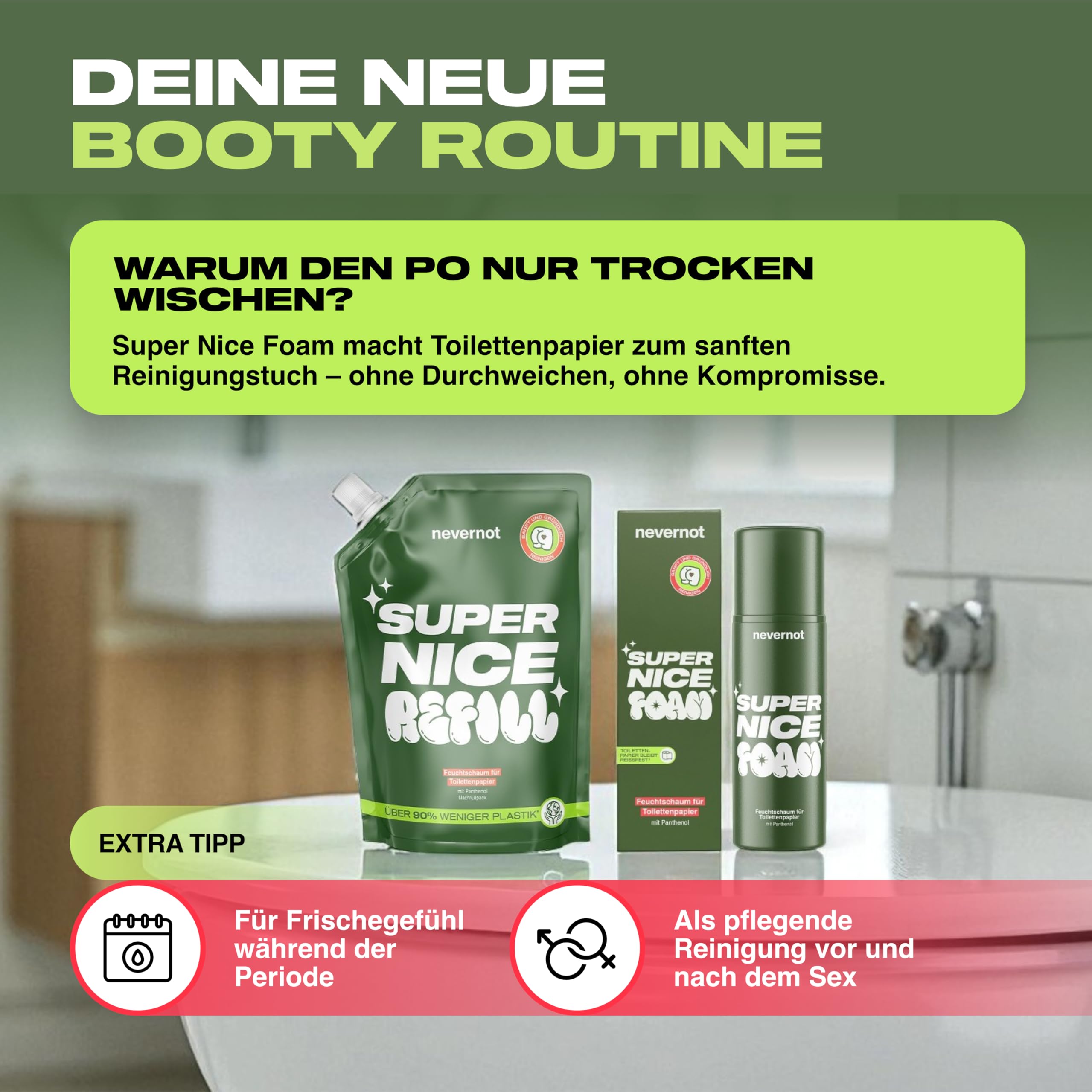 Super Nice Foam Feuchtschaum für Toilettenpapier Starter Set | 120 ml & Nachfüllpack 240 ml, Milder Reinigungsschaum, Panthenol, 98% Natürlich, Feuchttücher Ersatz, nevernot
