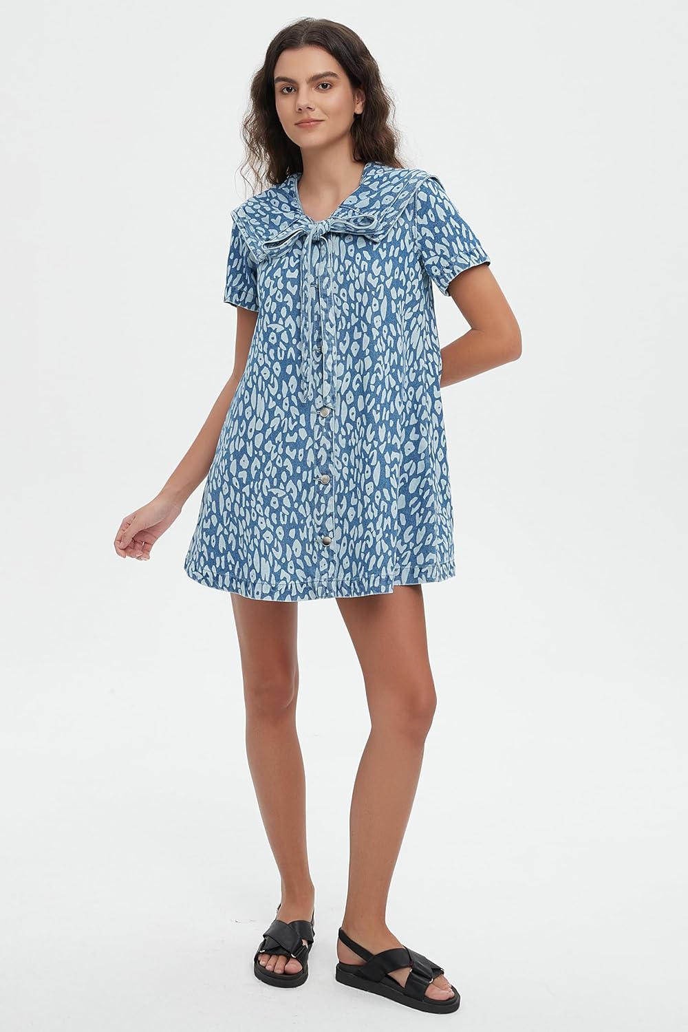D-Sun Women's Denim Mini Dress Short Sleeves Leopard Print Denim Babydoll Dress Navy Collar A-Line Jean Dresses - Image 7