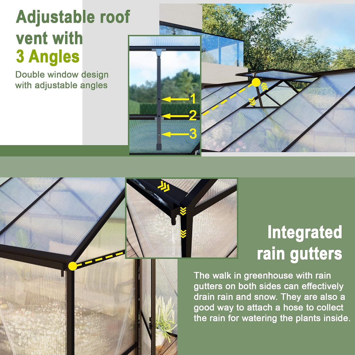 8X10 FT Greenhouses for Outdoors, Aluminum Large Polycarbonate Greenhouse, Quick Setup Walk in Green House with Roof Vent and Swing Lockable Door for Outside, Black (119" W x 96" D x 77" H)