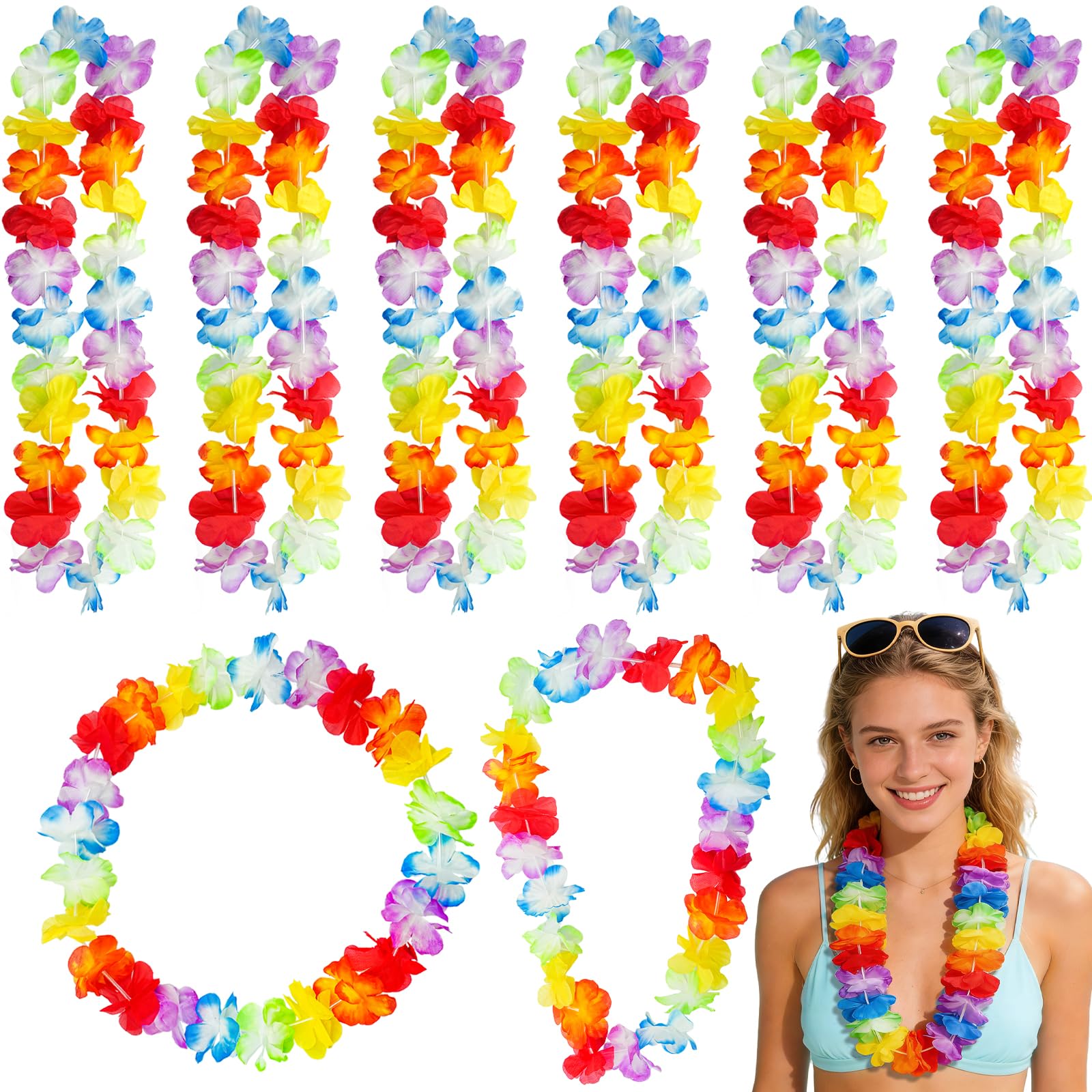 12 PCS Hawaiian Garland Party Decorations – Rainbow Flower Leis for Summer Luau & Tropical Theme Events