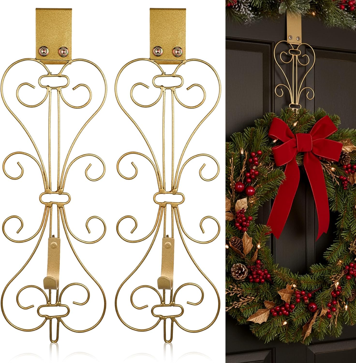 Christmas Front Door Wreath Hanger-1 Pack- 17 Inch Cast Iron Metal Welcome Sign Wreath Hangers Adjustable Hook Length for Tall and Small Doors Fall Christmas Halloween Decor(Gold)