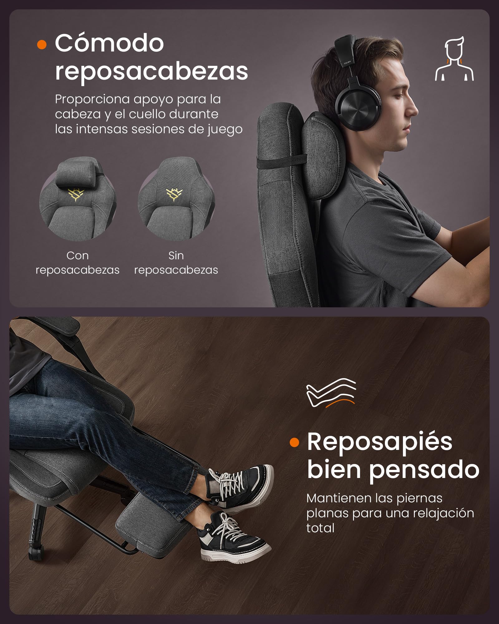SONGMICS HOME Silla de Juegos, Silla Racing Ergonómica para Ordenador con Reposapiés, con Reposacabezas, Tela de Algodón y Lino, Altura Ajustable, Gris Paloma OBG072G01