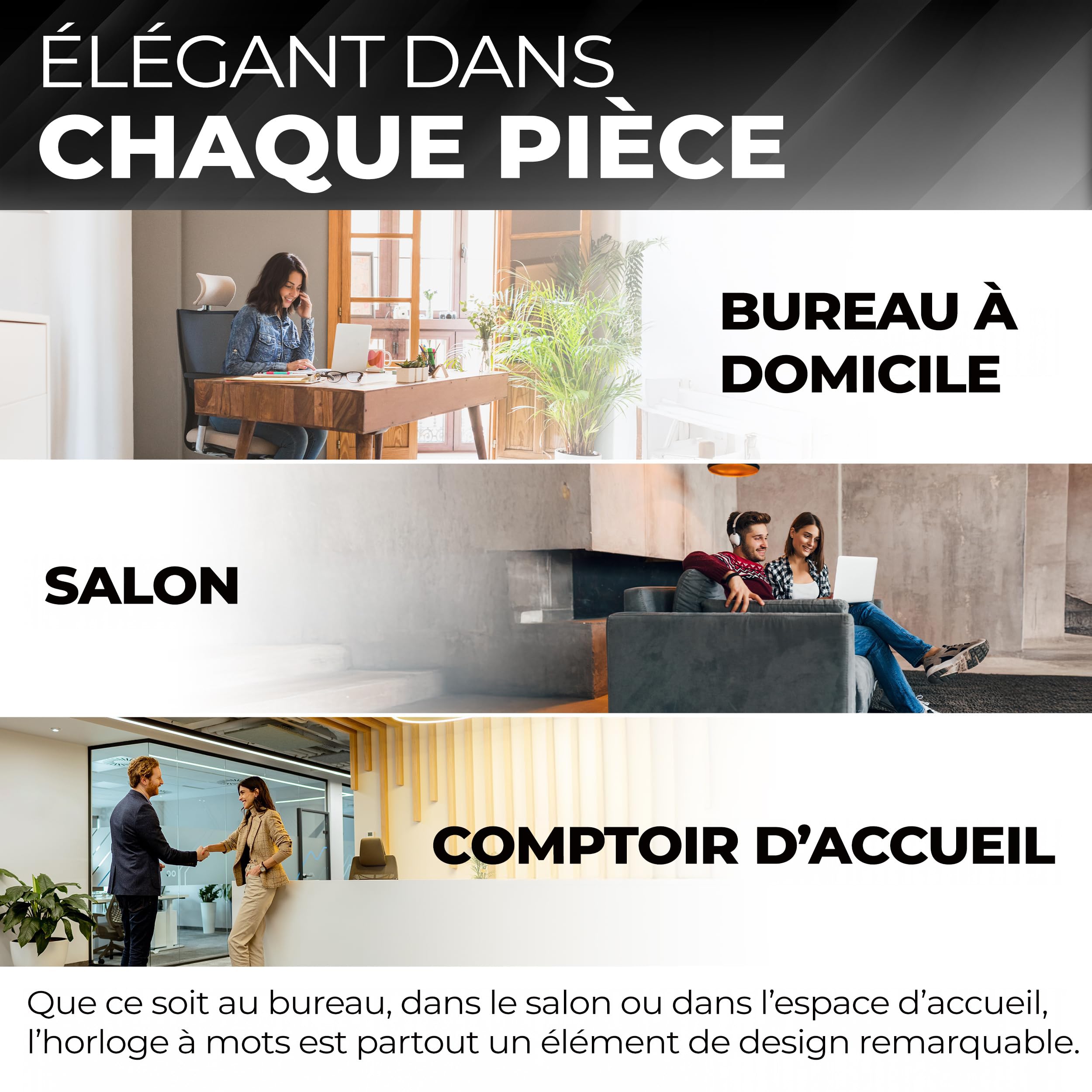 Bada Bing Horloge LED Noire avec Affichage du Mot Allemand - Horloge | en métal élégante avec câble USB - Horloge murale moderne - Horloge de table de qualité supérieure silencieuse à poser/à