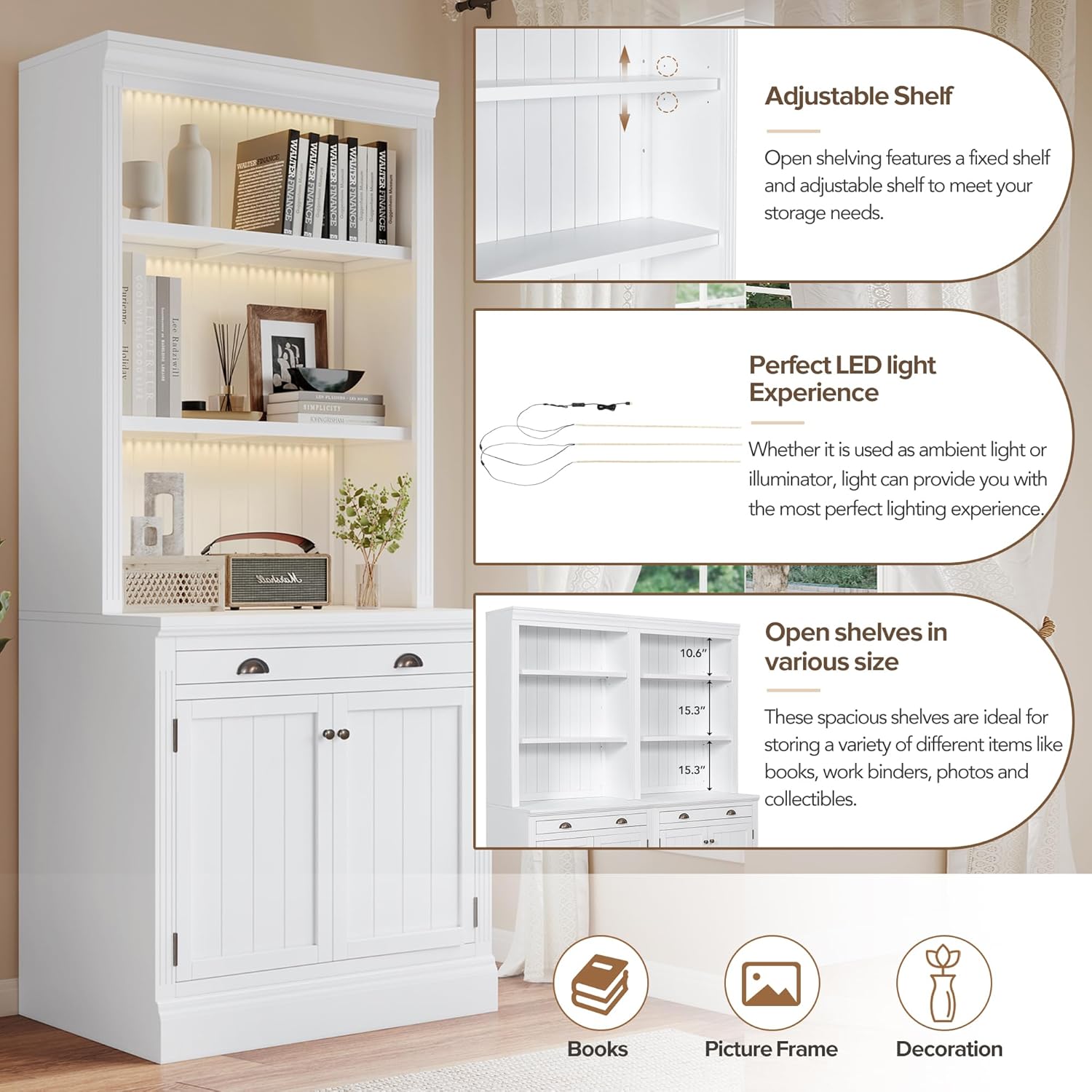 Modern 83.4" Bookshelf with LED Light, Bookcase with Doors, Drawers and Open Shelves, High Pantry Cabinet Bookshelf with Storage, Bookshelf for Study Room Living Room Home Office, White