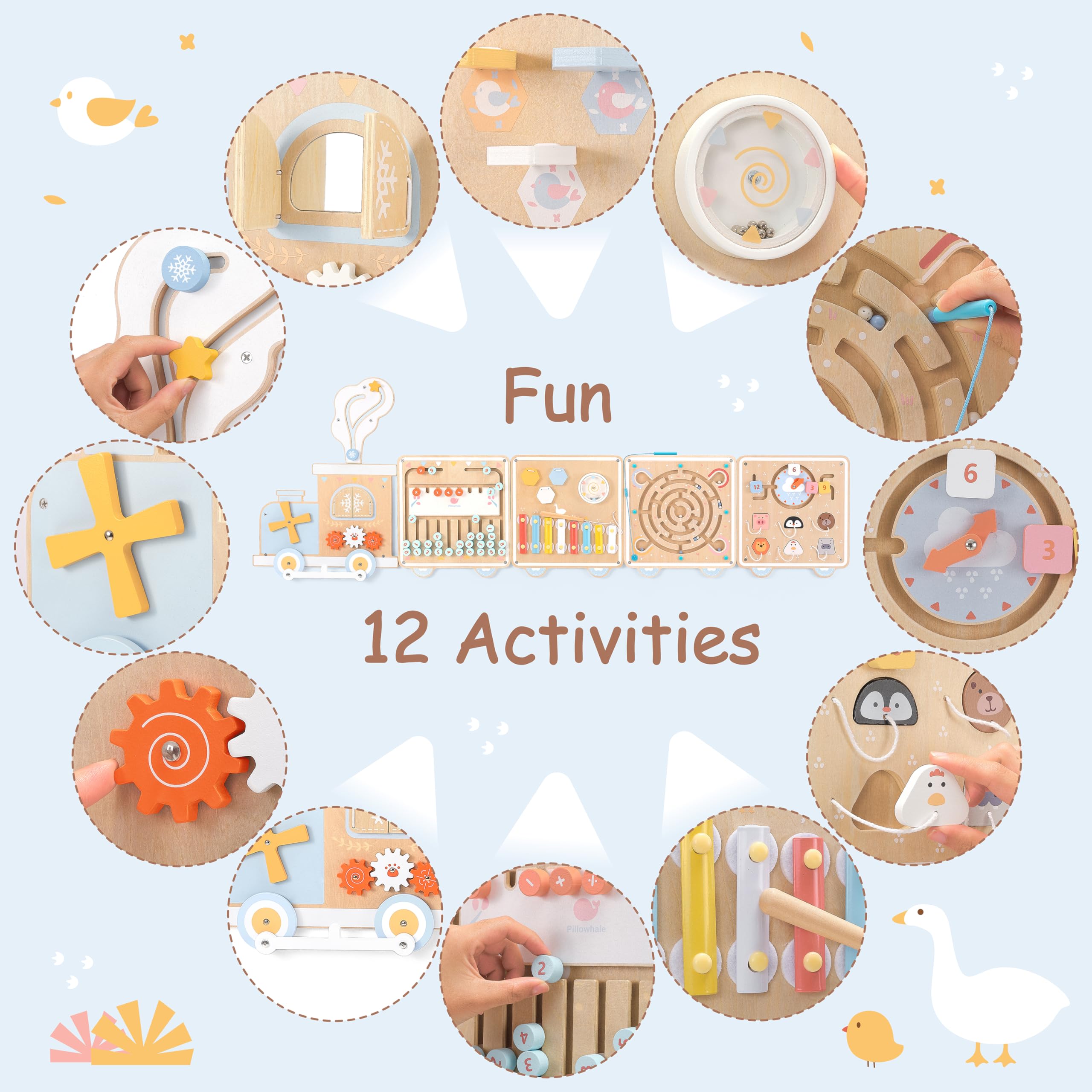 Tabla de actividades de tren de pared, juguetes sensoriales Montessori de madera, centro de actividades de aprendizaje 12 en 1 para sala de juegos, guardería, guardería, aula, juguetes 2