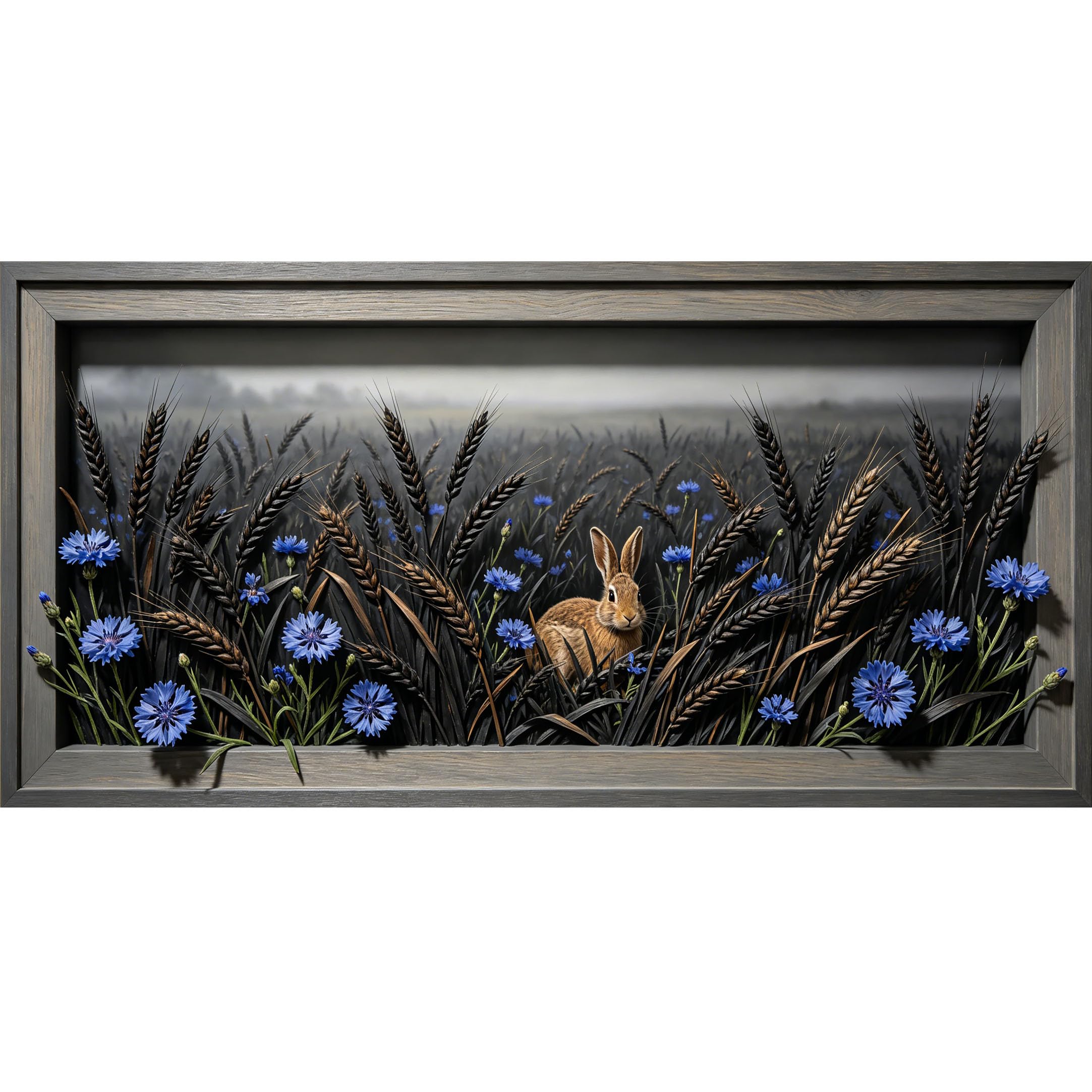 Agglomerix 3D Framed Wall Art Rabbit in Wheat Field Blue Cornflower Botanical Textured Relief Effect Large Size Self-Adhesive Removable Wall Decor Prints Artwork for Living Room Bedroom Office