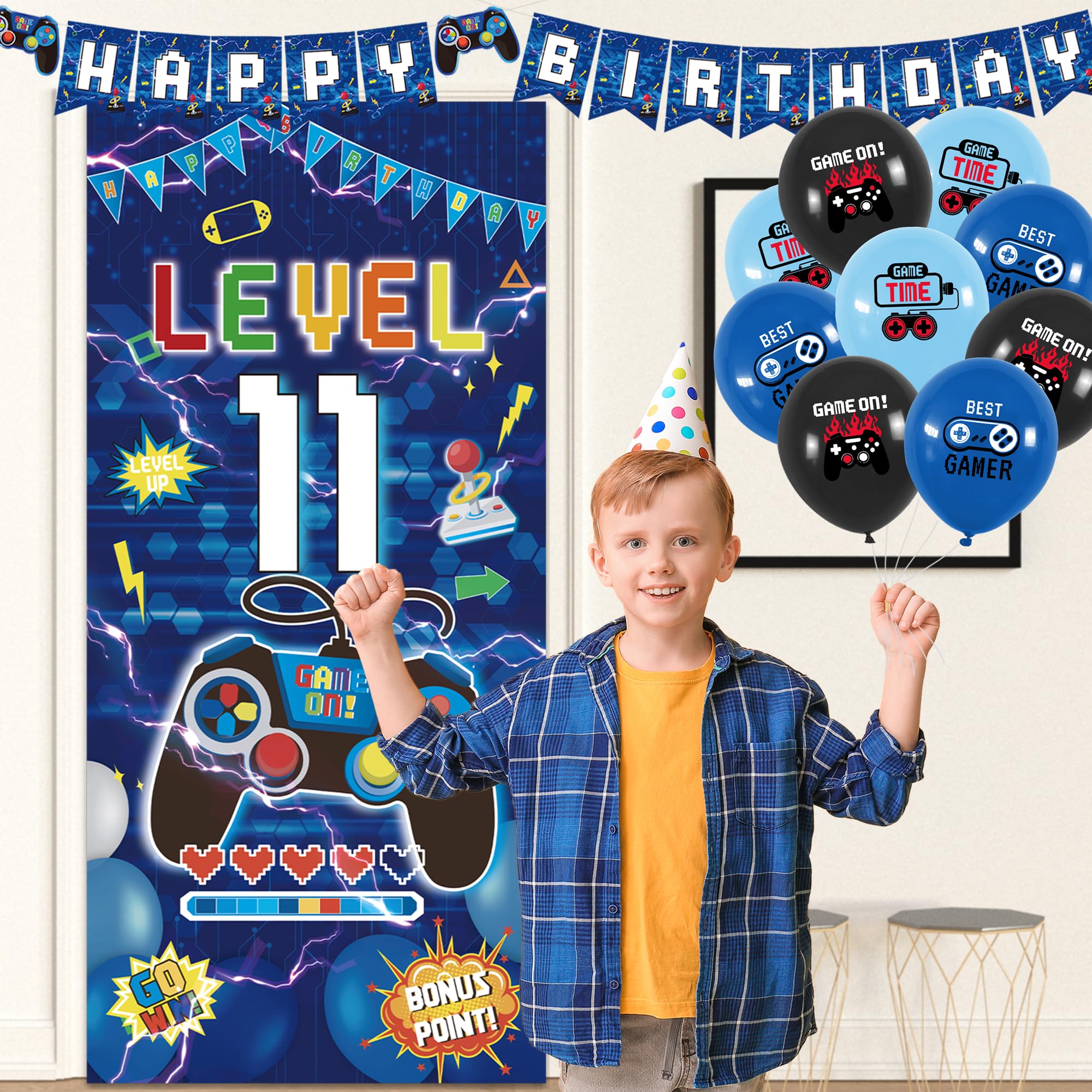 Vlipoeasn Decoraciones azules de cumpleaños número 11 para niños, pancarta de nivel 11 para videojuegos, telón de fondo con remolinos colgantes para fiesta de cumpleaños 11, suministros de fiesta de